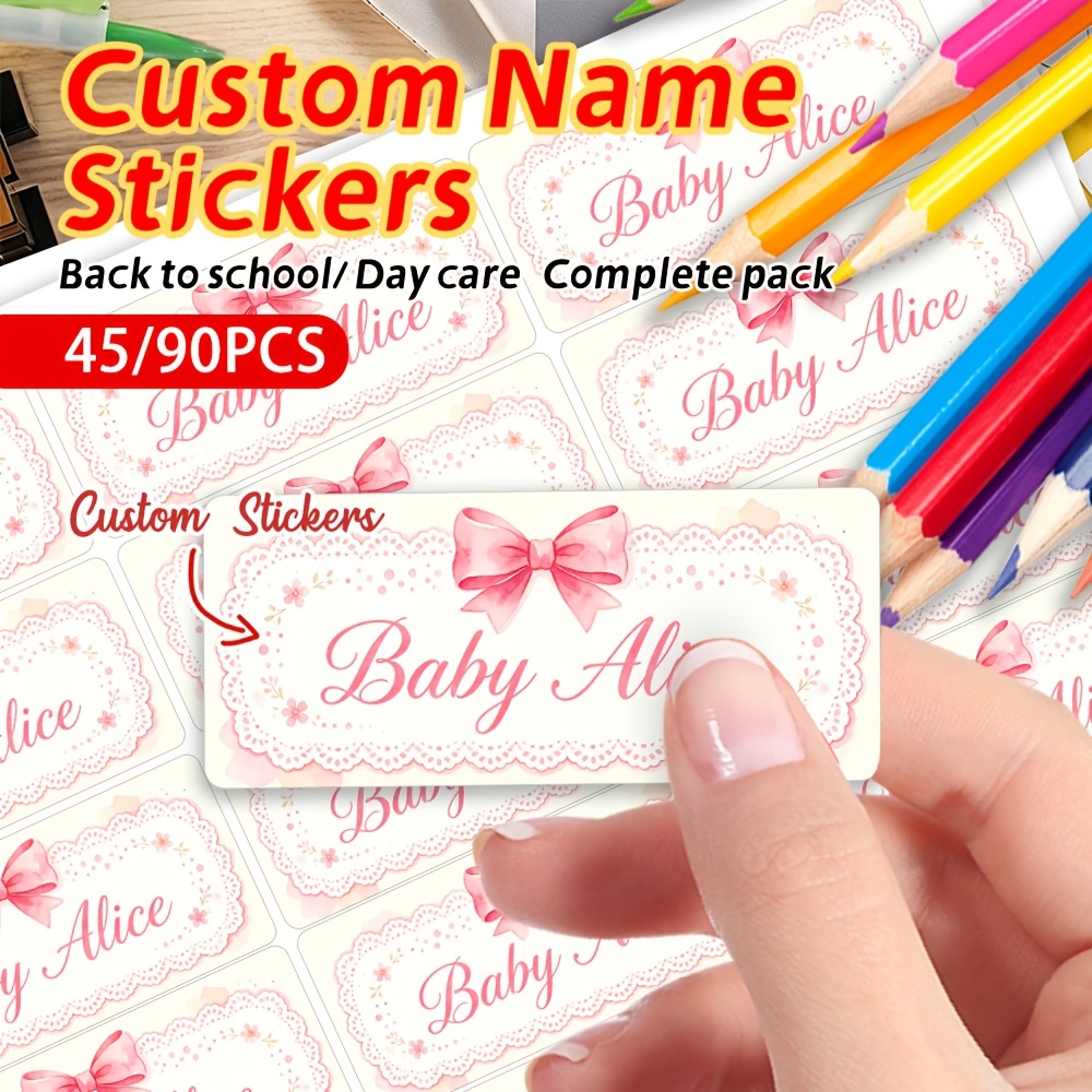 45/90pcs Personalized Lace Bow Name Stickers for Students