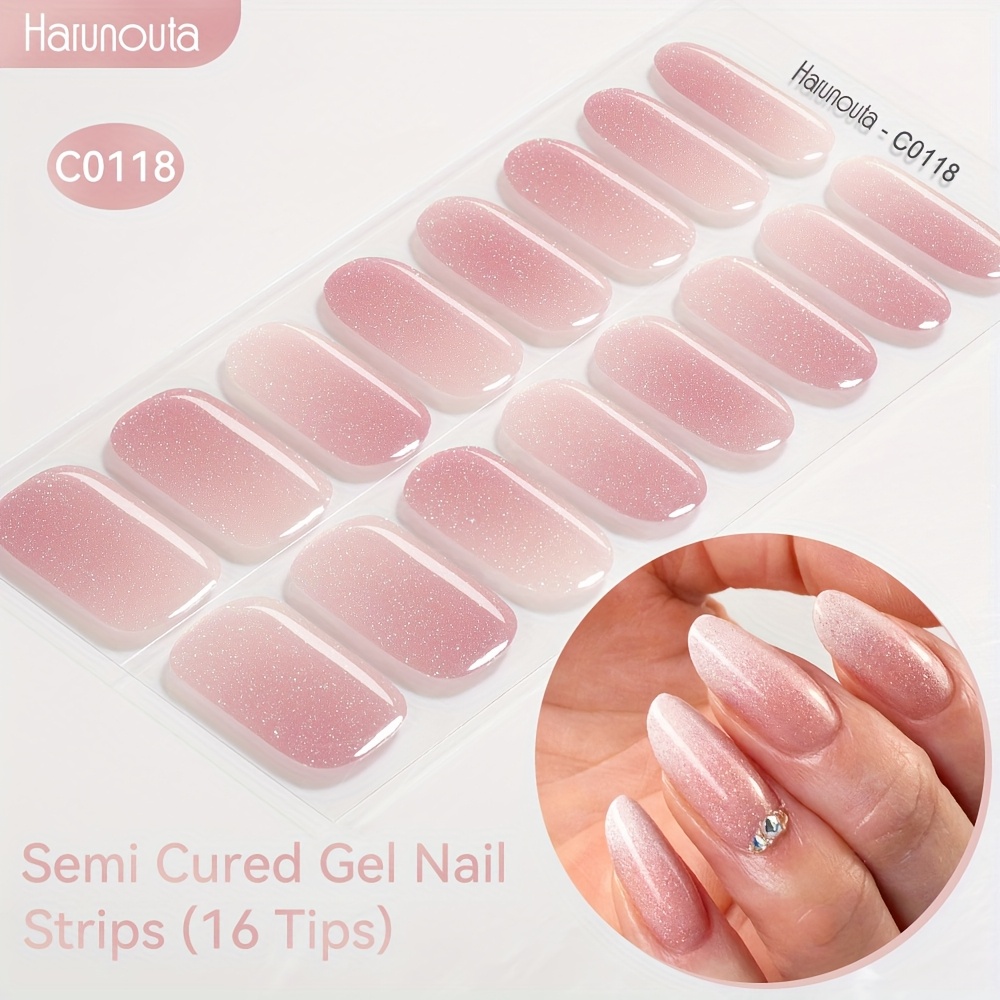 Harunouta 16strips Semi Cured Gel Nail Strips Jelly Nail Stickers Glitter Light Curing Gel Nail Wraps, Shiny Manicure Nail Art Sticker, Easy To Apply &, Single Use Nail Decoration For Party