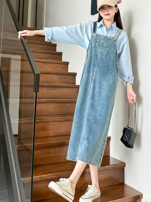 미국 빈티지 단색 데님 슬리퍼 드레스, 루즈핏 미디 길이 슬리브리스 핀포어 드레스, 포켓이 있는, 85.00% 비스코스 15.00% 재질, 캐주얼 스타일, 스트랩 백 칼라, 트래피즈 헴, 올 시즌 착용