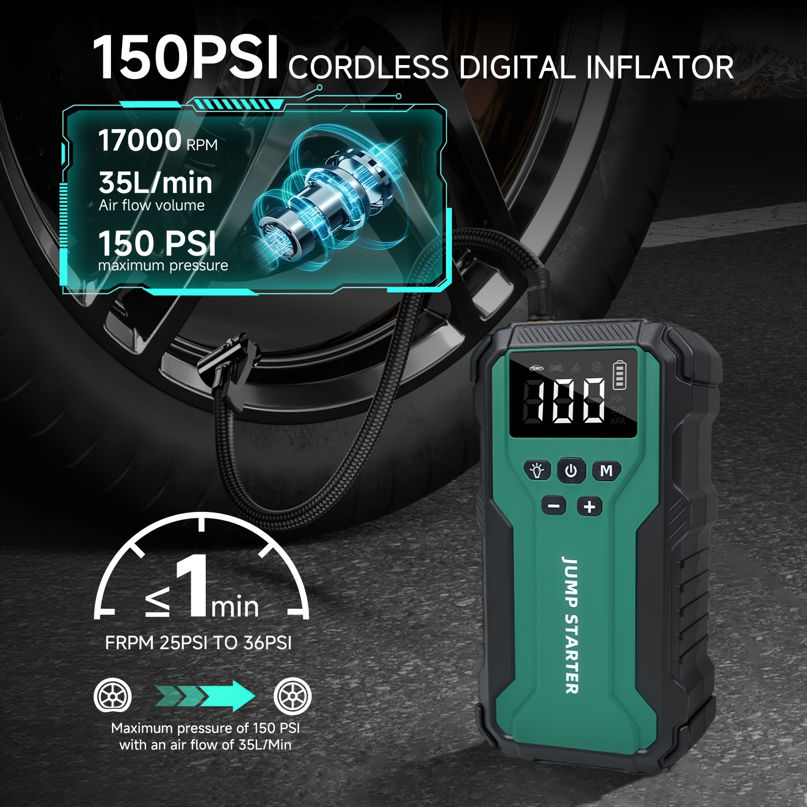 10000a 7 in 1 multi functional emergency   supply with air pump 150psl portable car battery starter digital tire inflator suitable f  64 gallon gasoline   38 gallon   battery led emergency light car emergency tool Product details 2