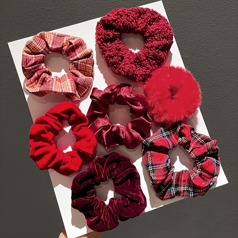 TEMU 7pcs Elegant Red Spiral Hair Tie Set For Women, Autumn/winter Christmas Edition