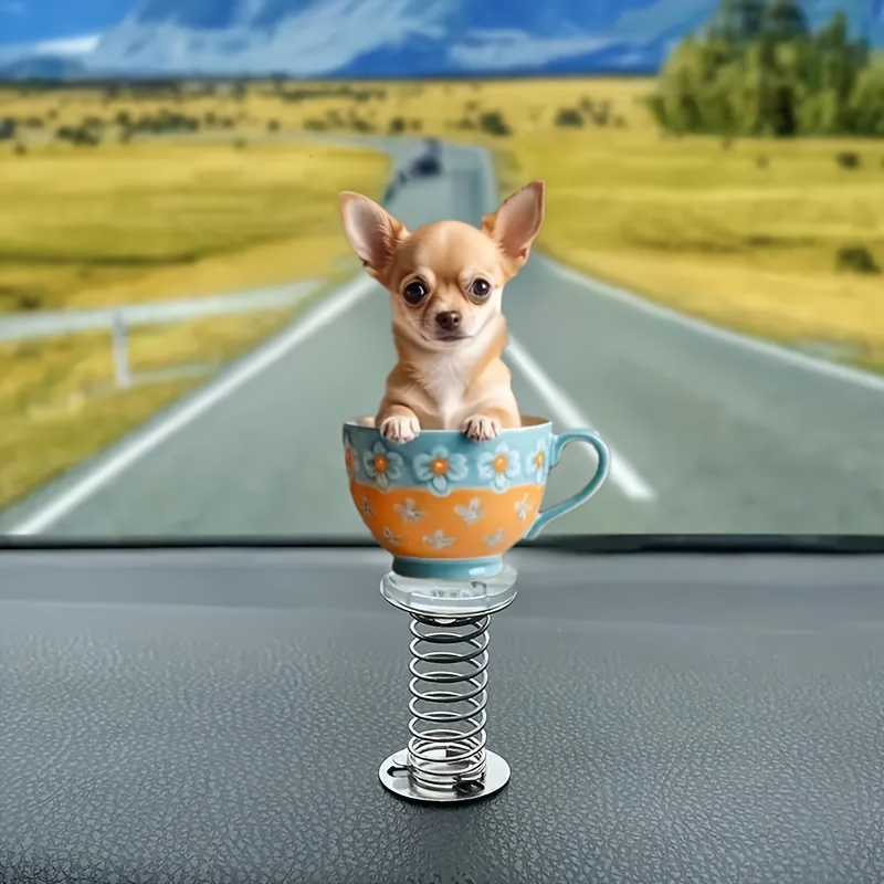 

Chihuahua In Teacup Dashboard Ornament, Acrylic Car Accessory, Indoor/office Decor, With Uncharged, For Gifting And Festive Atmosphere Enhancer