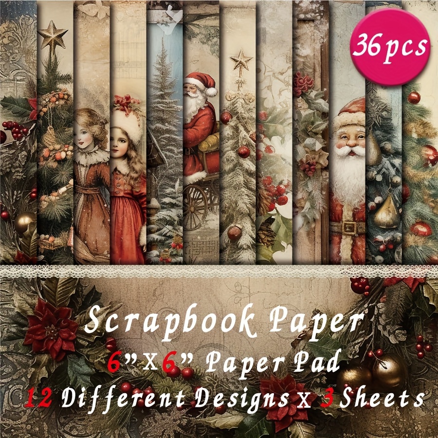 Image of 36 Sheets Junk Journal Paper Pad In 6x6', Art Craft Pattern Paper For Craft Cardstock Paper, Decorative Background Card Making Supplies - Old Christmas