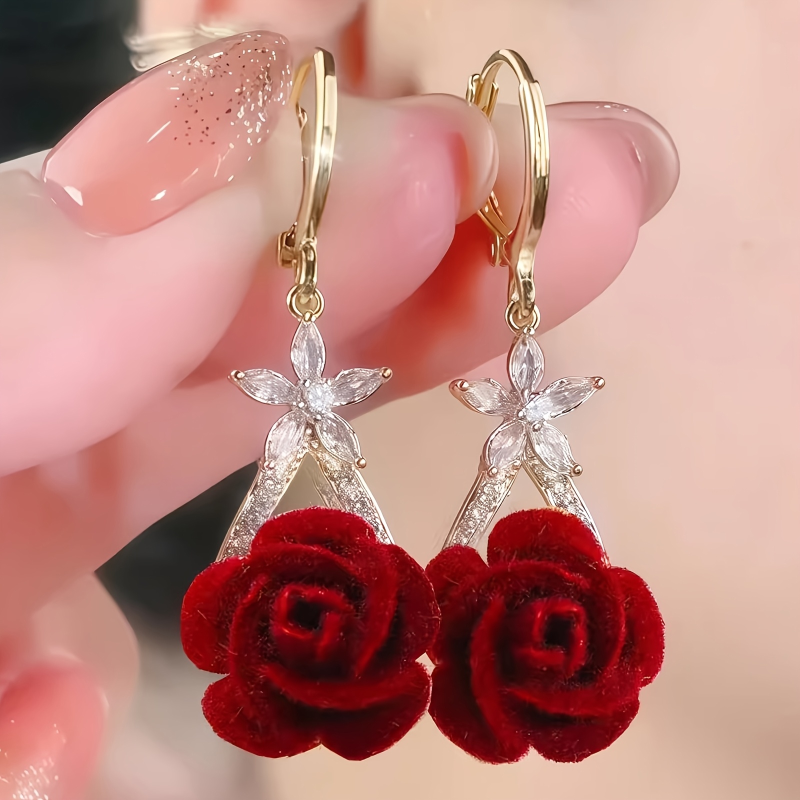 TEMU 2pcs Red Rose Earrings Light Luxury Ear Drop Ear Hook Fashion Temperament Ear Jewelry