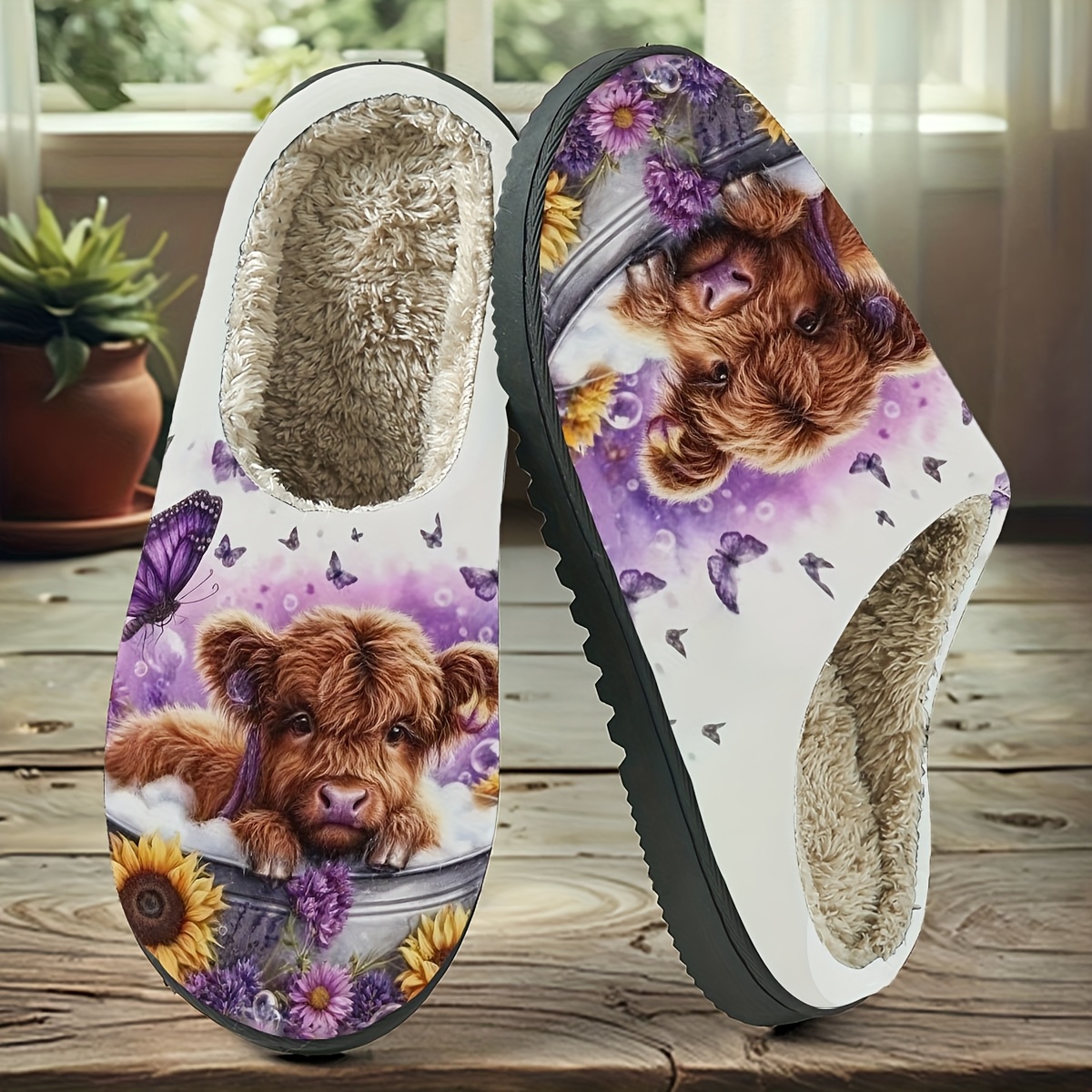 TEMU Sweet Highland Cow Purple Floral Printed Plush Slippers, Featuring A Pastoral Style With Animal And Plant Patterns. Printed Home Shoes Are