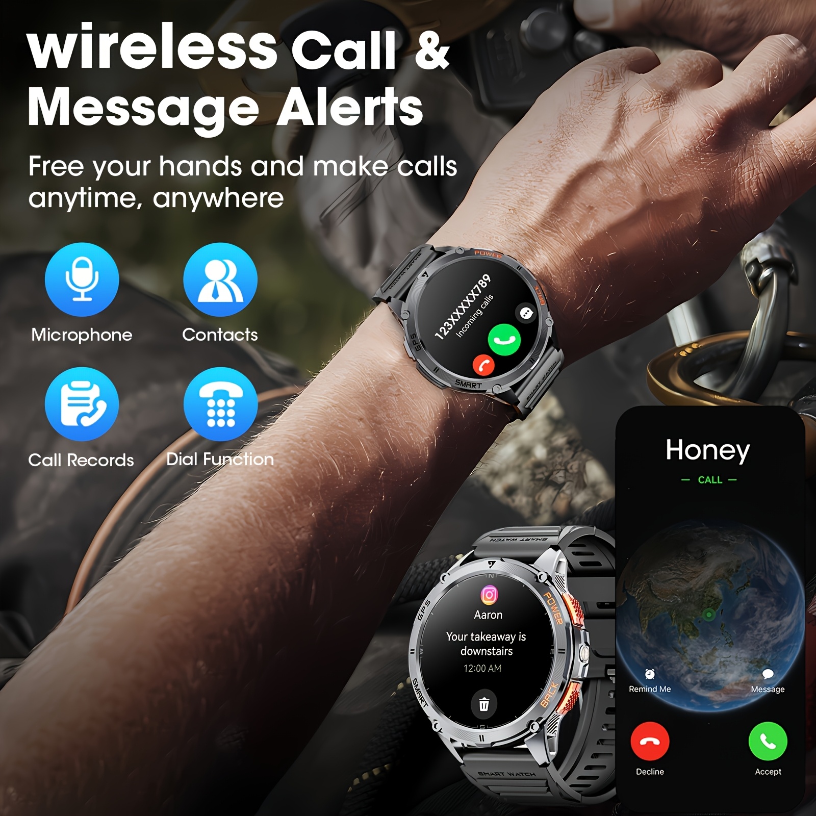 Montre connectée avec positionnement GPS réel, grande capacité de batterie, écran tactile HD AMOLED de 1.43 pouce, appel sans fil, mode sport, lampe de poche LED, montre connectée d'extérieur