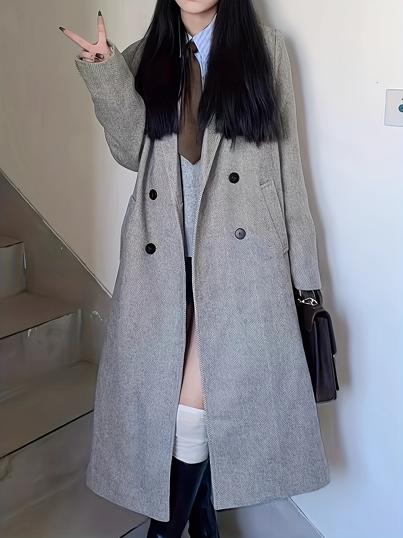 Solid Double Breasted Belted Overcoat Versatile Long Sleeve - Temu