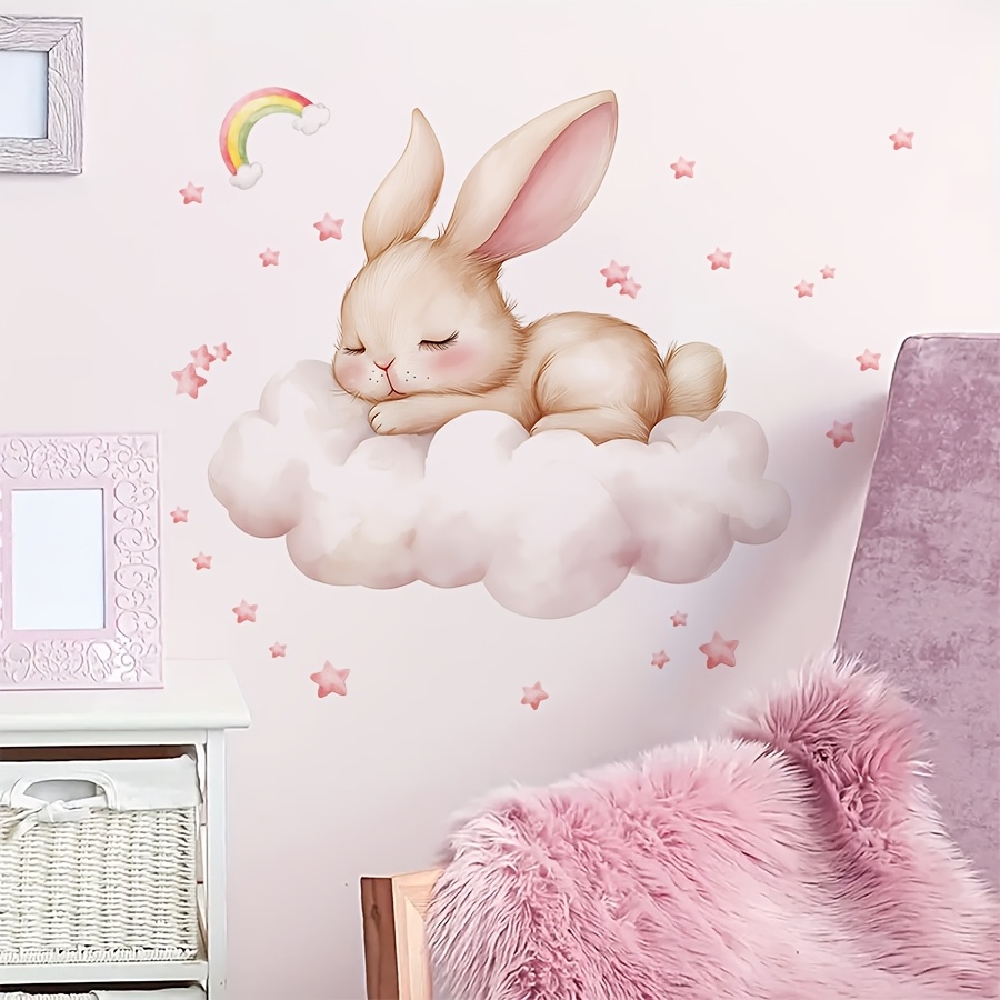 Image of 1pc Brup Rabbit Wall Self-adhesive Removable Pvc Decal Suitable For Room, - Cute Rabbit Sleeping On Clouds, Irregular Shape Print, Wallpaper For