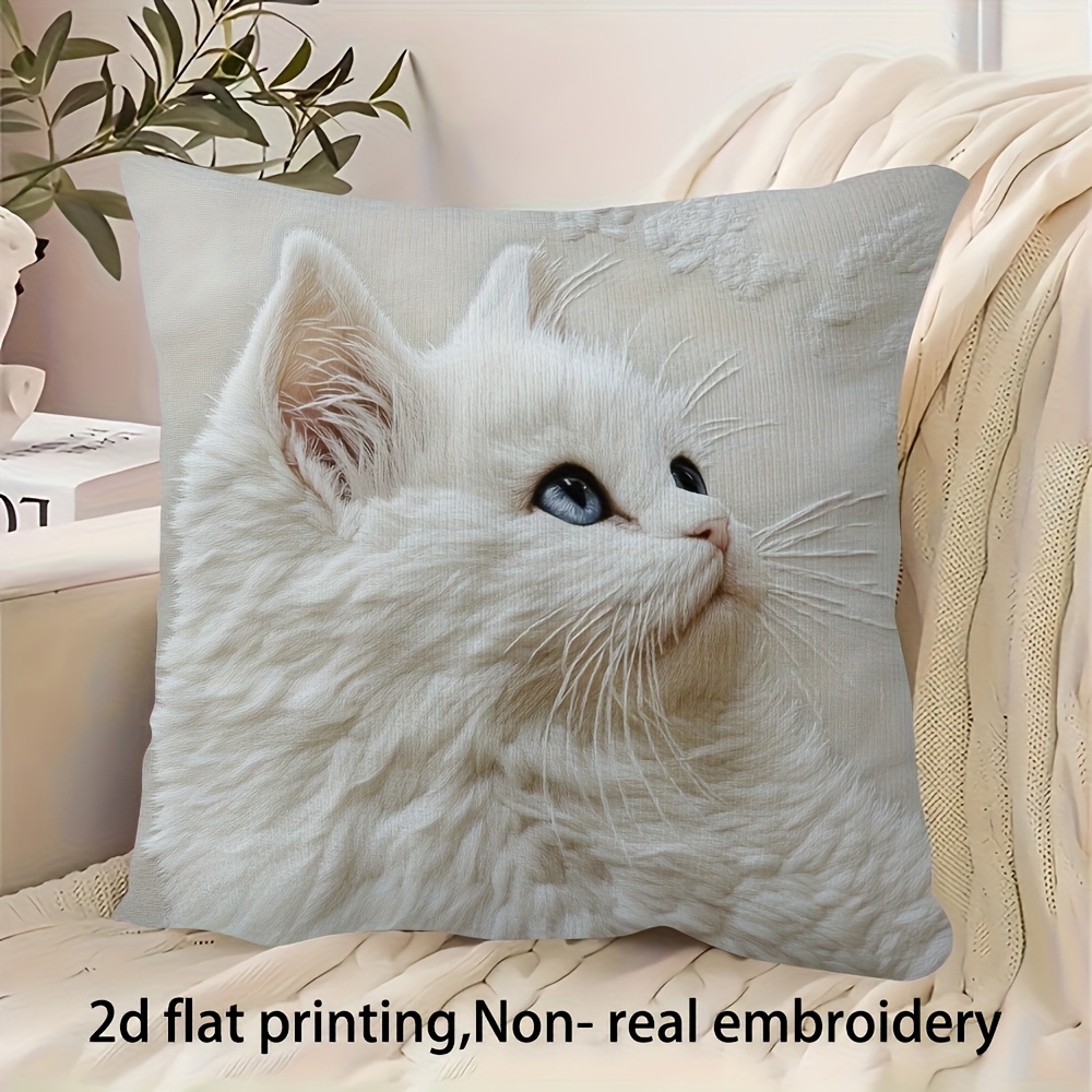 E-shop 2D Flat - Ein 2D-gedruckter Kissenbezug mit einer rein weißen Katze auf einer Seite | Keine echte Stickerei, 18X18 Zoll | Ultraweiches, kurzes