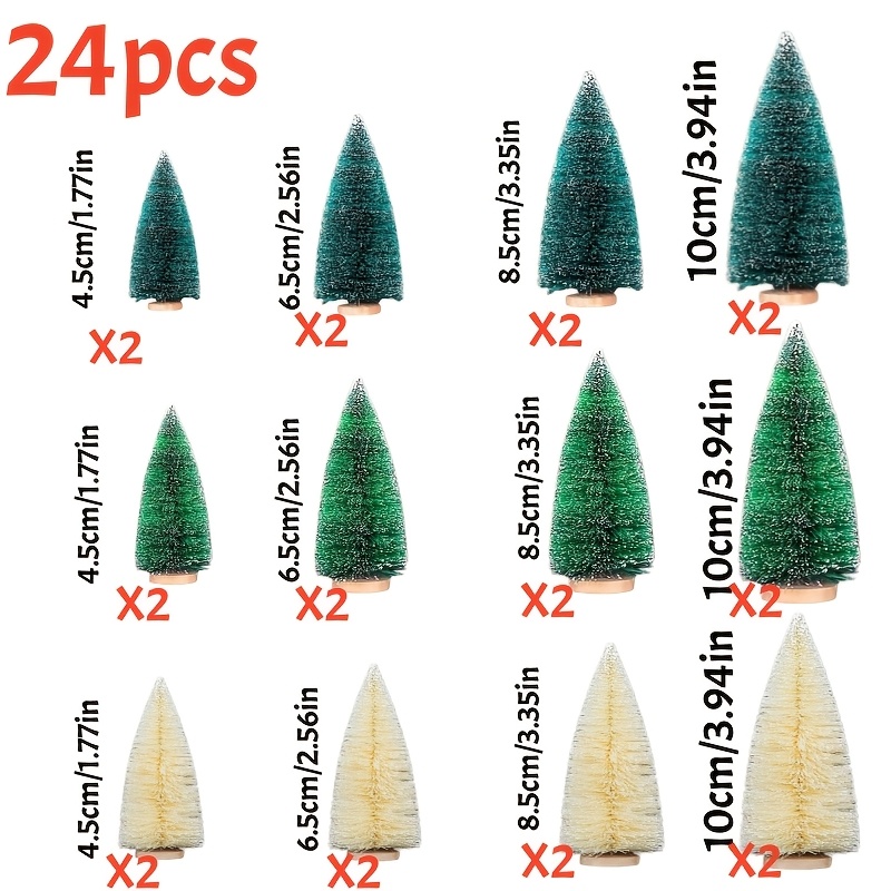 TEMU 24 mini de Noël, 4 tailles disponibles : 3.94In/3.35In/2.56In/1.77In, design en verte et blanche, avec base en bois pour brosses à bouteille,
