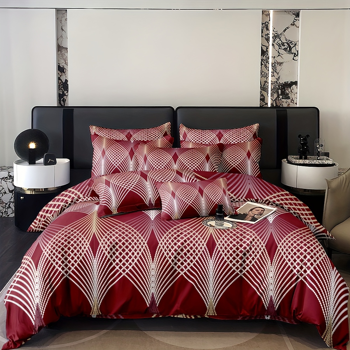 E-shop 3-teiliges Bettbezug-Set mit Kissenbezügen, Vintage Burgunderrot mit geometrischen Linien | Geeignet für modernen leichten Luxus/Neuen