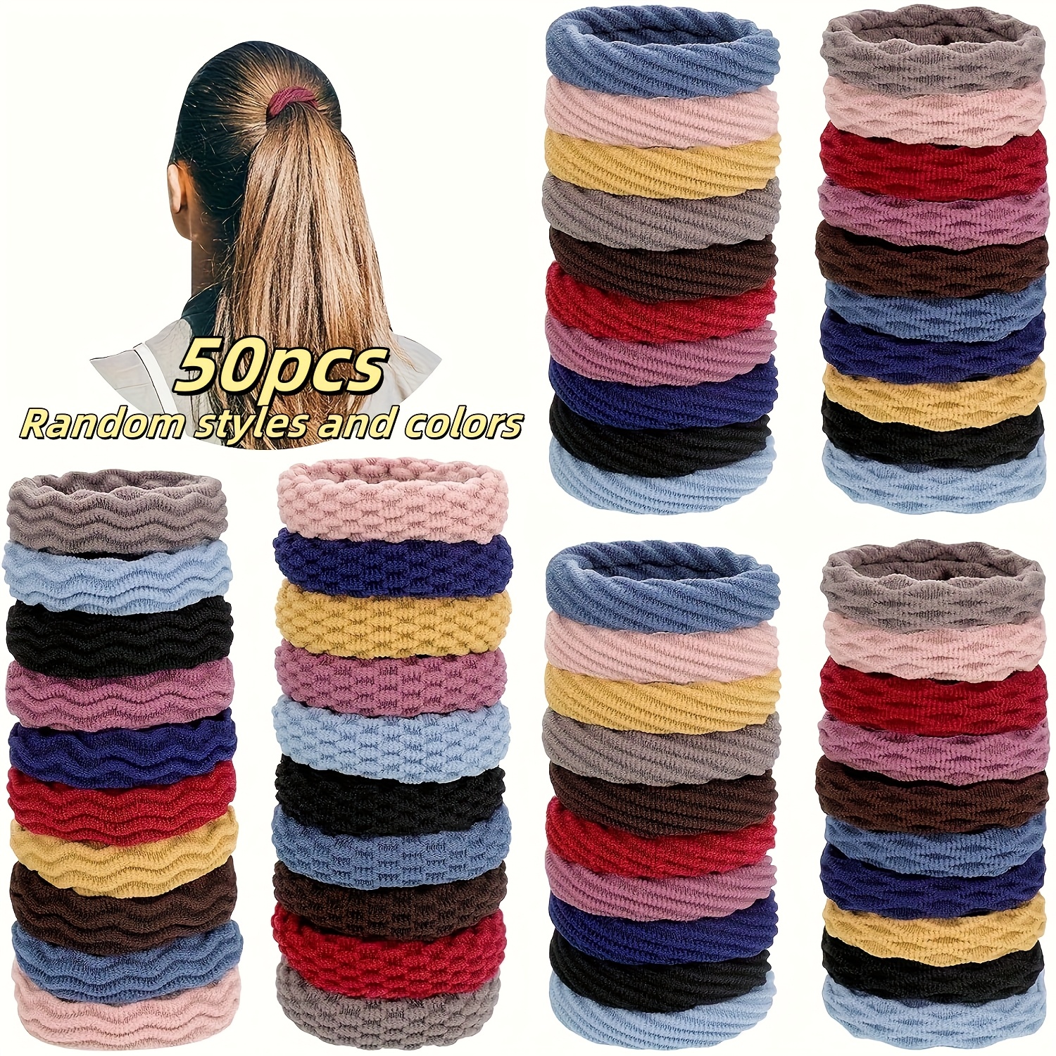 50 Seamless Elastic Hair Ties - Suitable For Thick, Curly Hair, Featuring High Elasticity And No Marks. Are , With Multiple Options (pink, Blue, Yellow, Red, Black, Gray