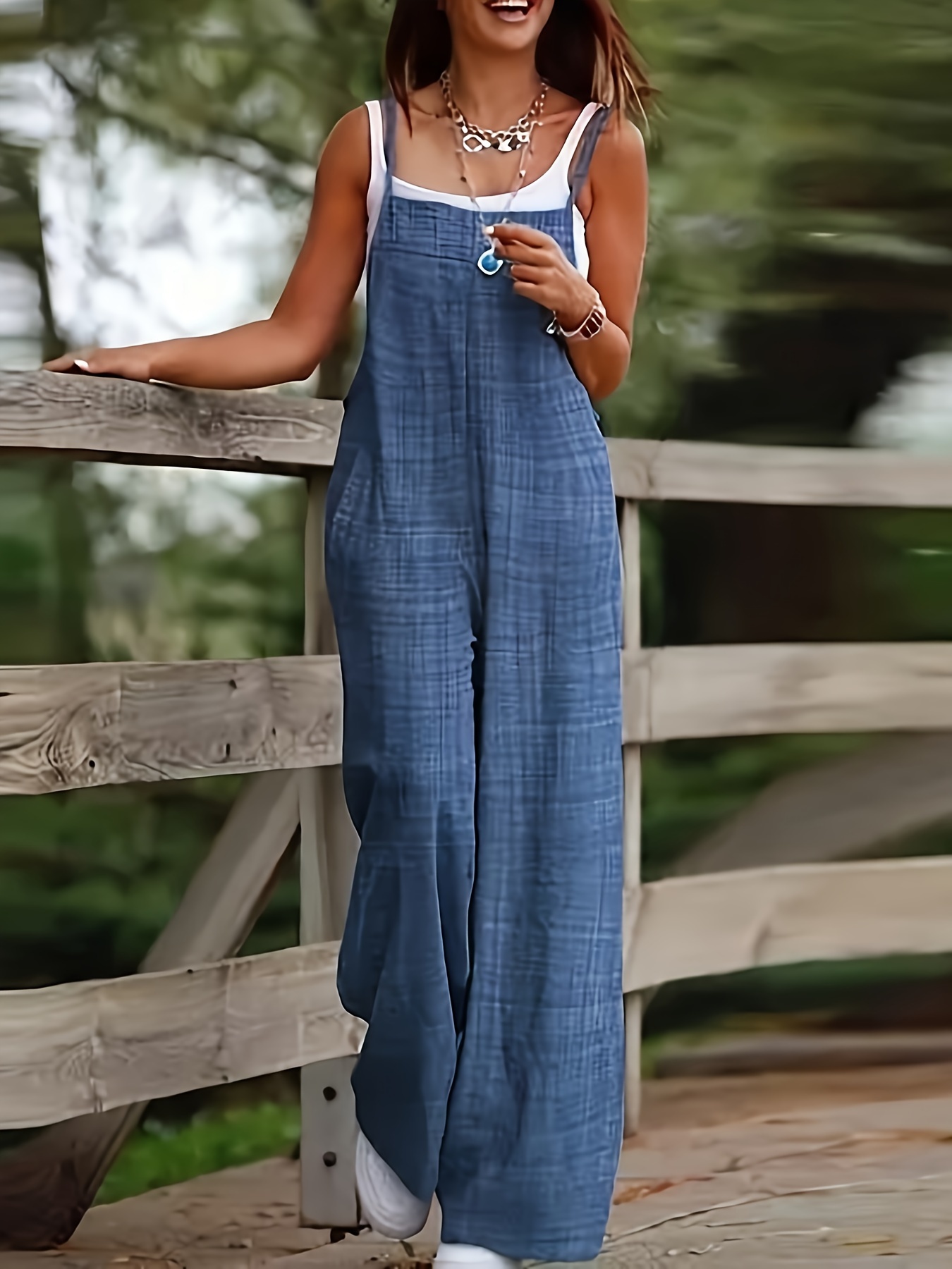 plain color spaghetti strap overalls casual sleeveless wide Temu