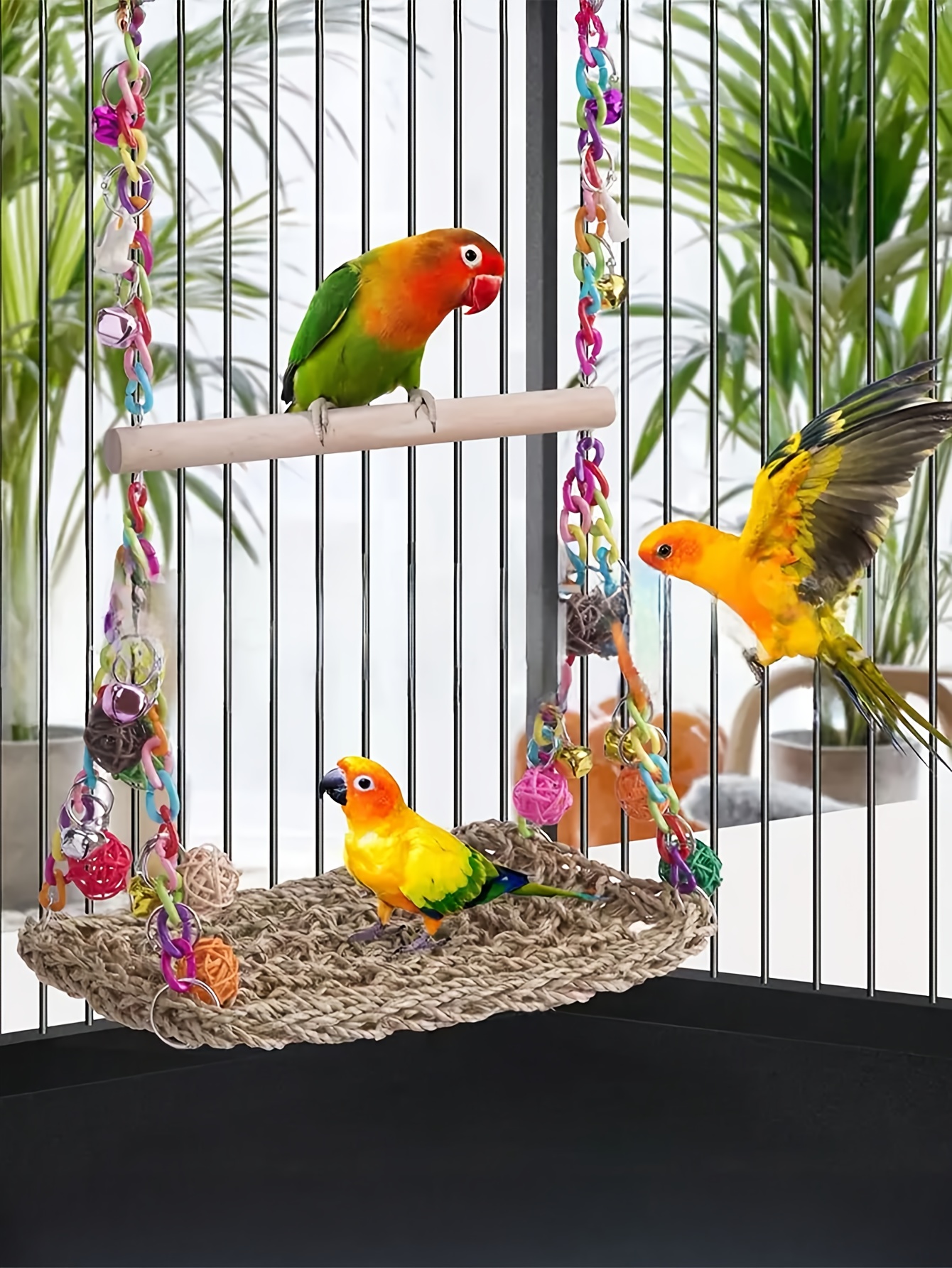 1 Parrot Acrylic Swing Stand, Rattan Ball Colorful Chain Double Layer Swing, Climbing Net Hammock, Educational Bird Supplies, Bird Cage Additions, Parrot Toys, (All Additions Are Randomly Assembled in Color)