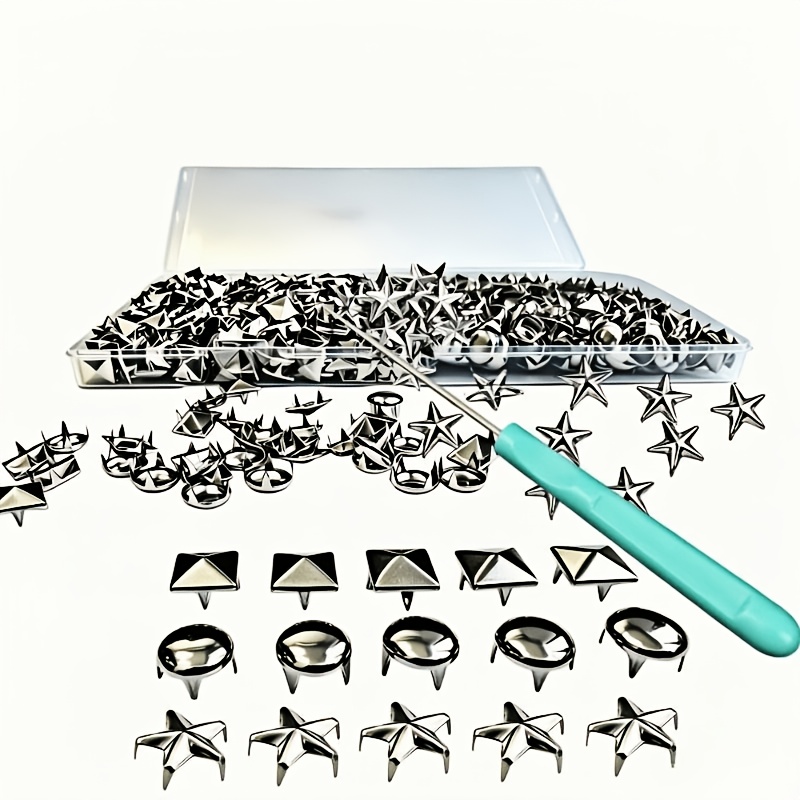 TEMU 240pcs 3 Types Metal Punk Claw Rivet Spikes Set, Pyramid Square Studs, Dome Rivets, Star Spikes With Storage Case & Punch Awl, Decorative