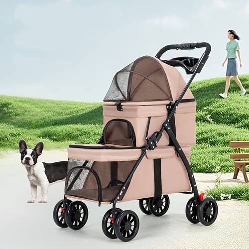 double layer pet stroller for dogs cats shock absorbing wheels fold breathable mesh storage basket durable polyester frame with ergonomic handle secure mesh canopy visibility adjustable safety harness straps