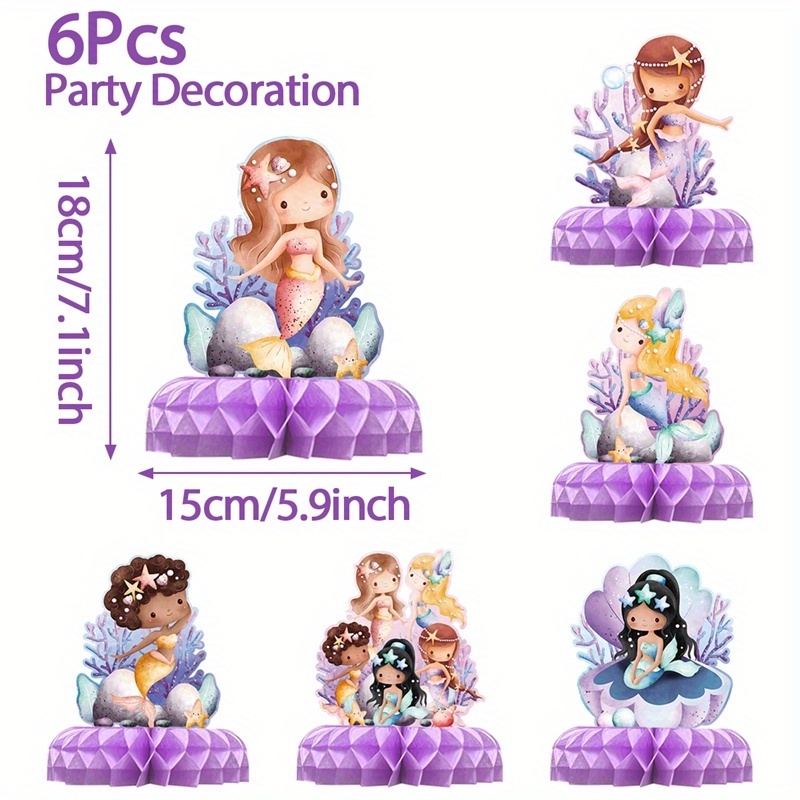 6pcs, Carton Mermaid Honeycomb Centerpieces, Under The Sea Mermaid Theme Paper Honeycomb Centerpieces Ornament, Perfect For Mermaid Theme Shower & Birthday Party Decorations Ornaments