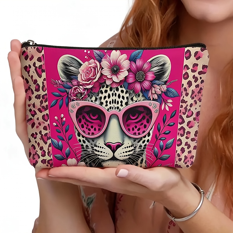 TEMU Leopard Print Cosmetic Pouch, Pink Floral Makeup Bag, Animal Print Zipper Storage Organizer, Cute Sunglasses Leopard Travel Toiletry Bag, Daily