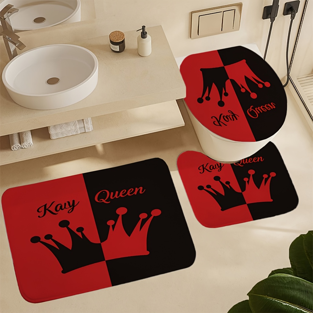artikel foto 3-delige badkamerkleed set zwart en rood gesplitste achtergrond met gegenspelende   silhouetten en contrasterende cursieve tekst no slip wasbare hoes vloerkleed decoraties voor keuken badkamer slaapkamer, set bevat badkleed, contour mat, en toiletdeksel cover