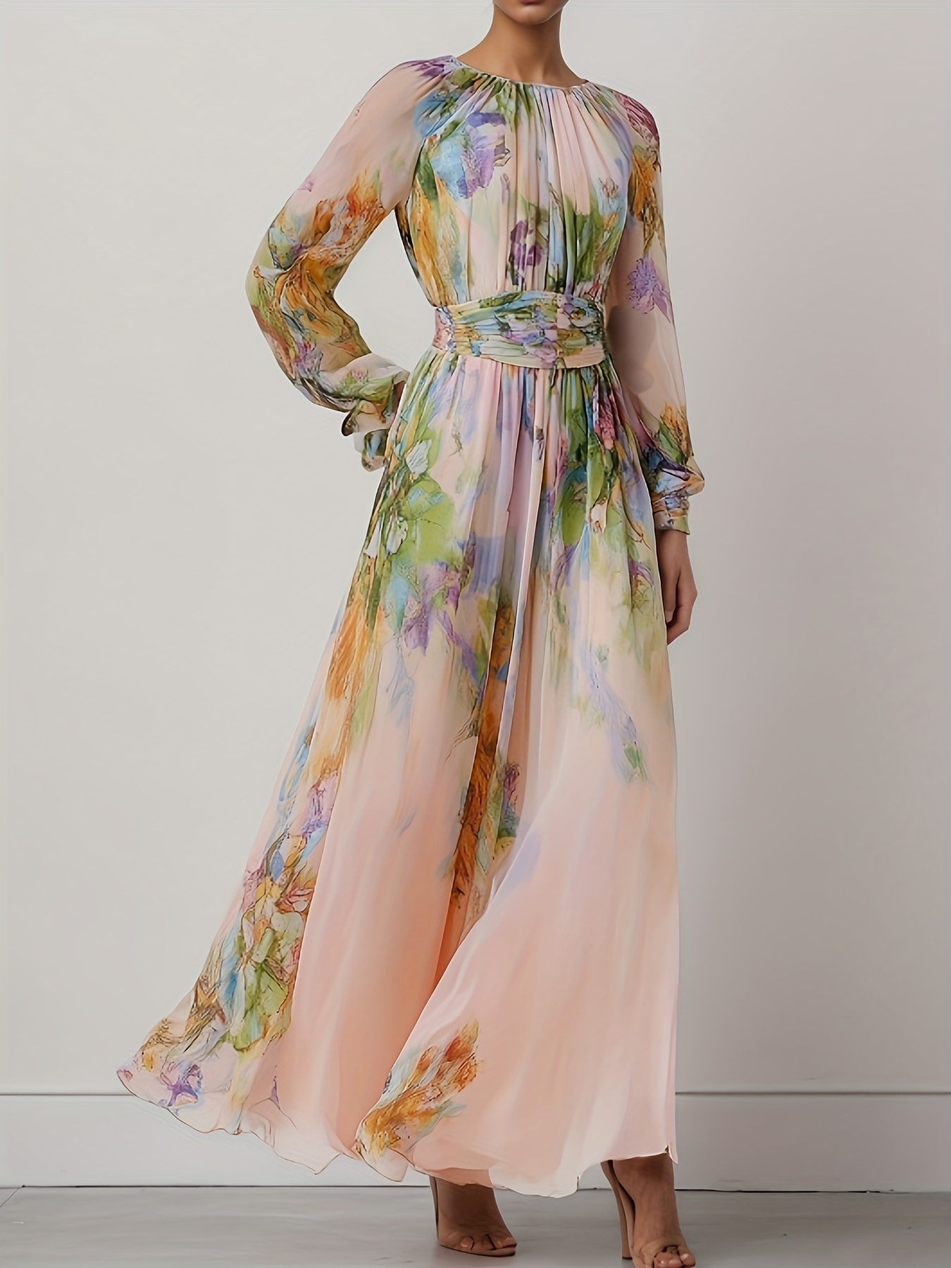 womens elegant floral print maxi dress flowy long gown with waist cinching belt   print in     machine washable formal casual dresses for wedding party vacation non stretchy fabric wedding guest outfit pleated details   bridal guest attire light beige 1