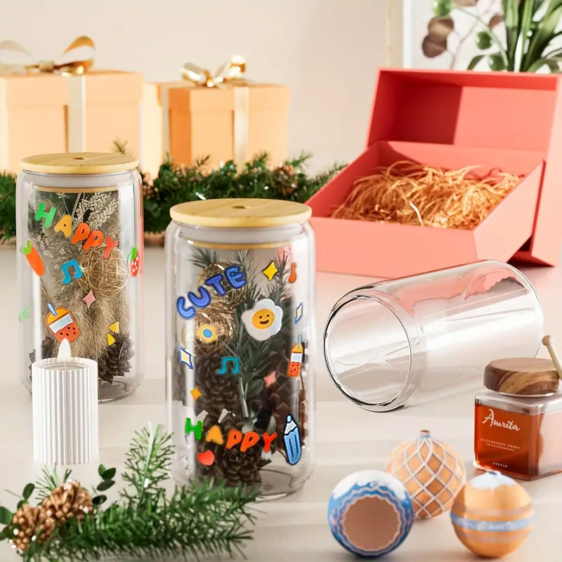 12pcs glass set 16oz with bamboo lid and glass straw canister shaped clear glass drink cups for smoothies boba tea whiskey and water in a cute non glass 4 cleaning brushes Product details 4