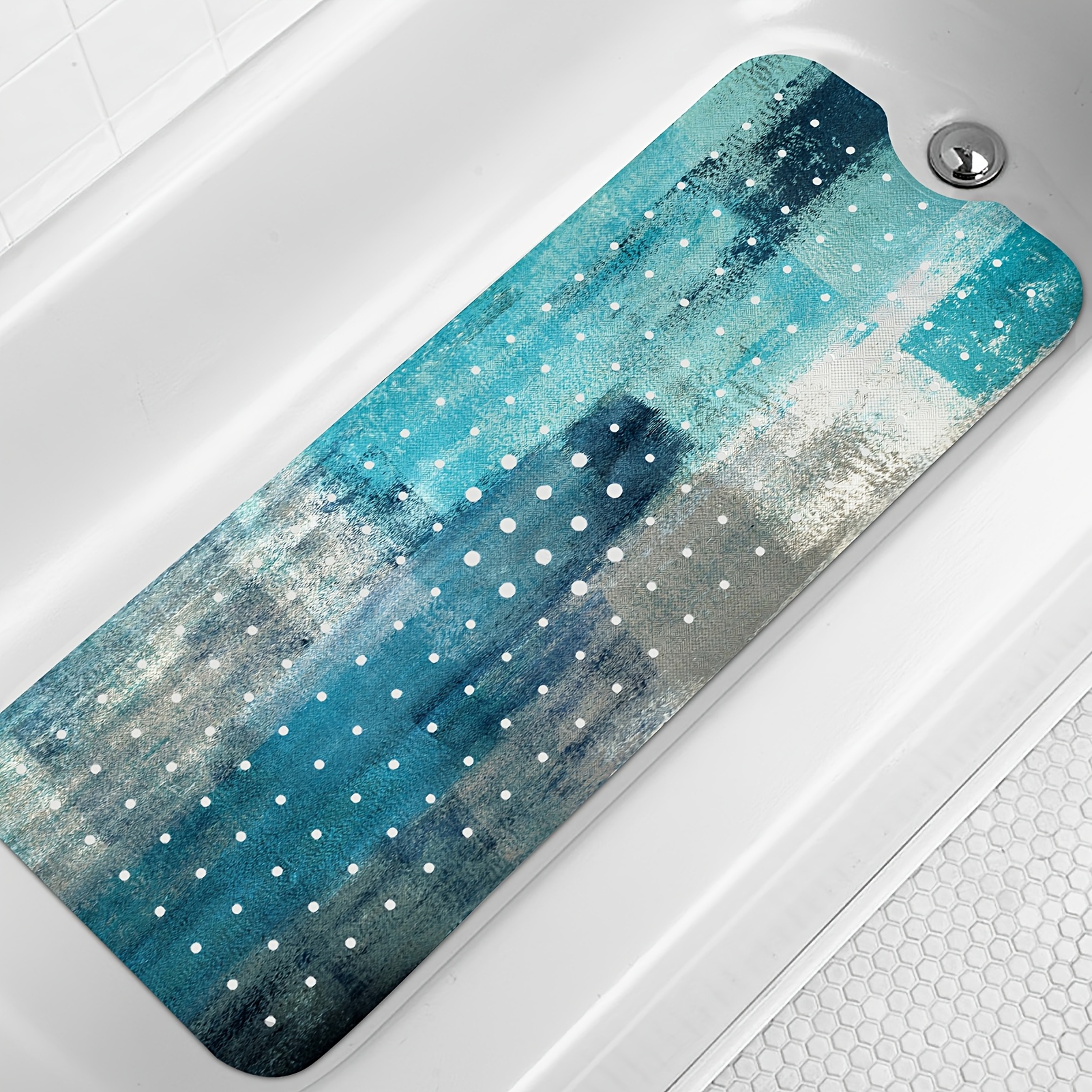 TEMU Turquoise Bathtub Mat Non-slip, 40 X 16 Inch Tub Mat For Bathroom, Abstract Art Bath Tub Shower Mat With Drain Holes And Suction Cups
