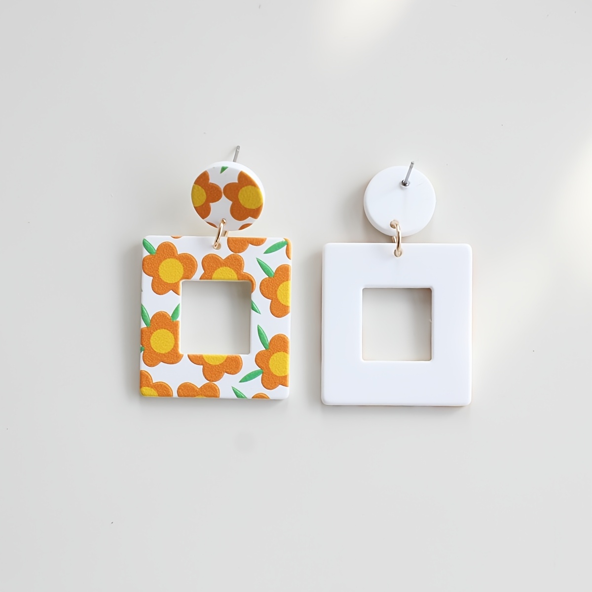 White Hollow Square Floral Acrylic Drop Earrings, Elegant Design