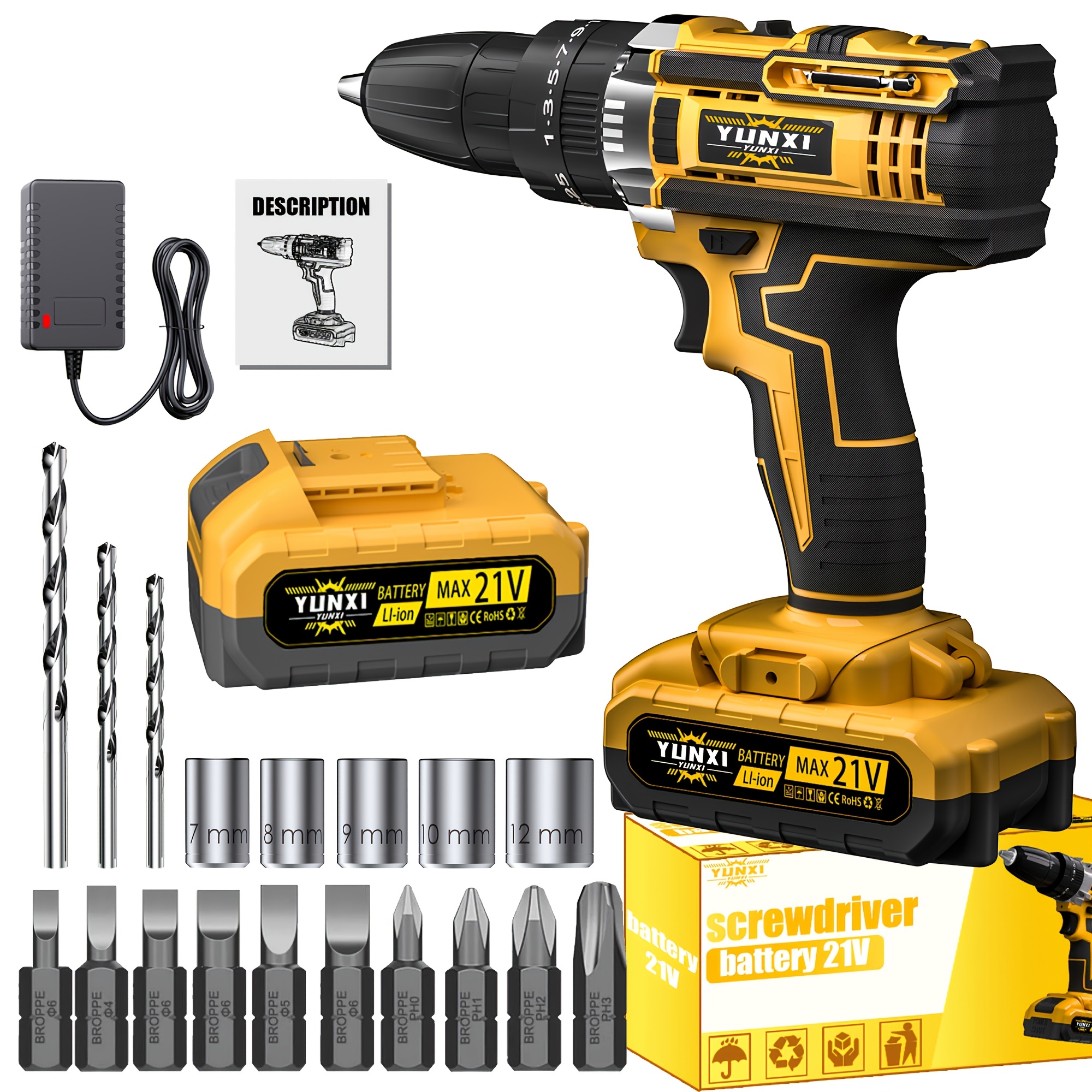 TEMU 21v Cordless Impact Wrench Wireless Drill Set, Brushless Electric Impact Gun Drill, Optional 4000mah Battery, Toolbox, Charger, Socket, And Full