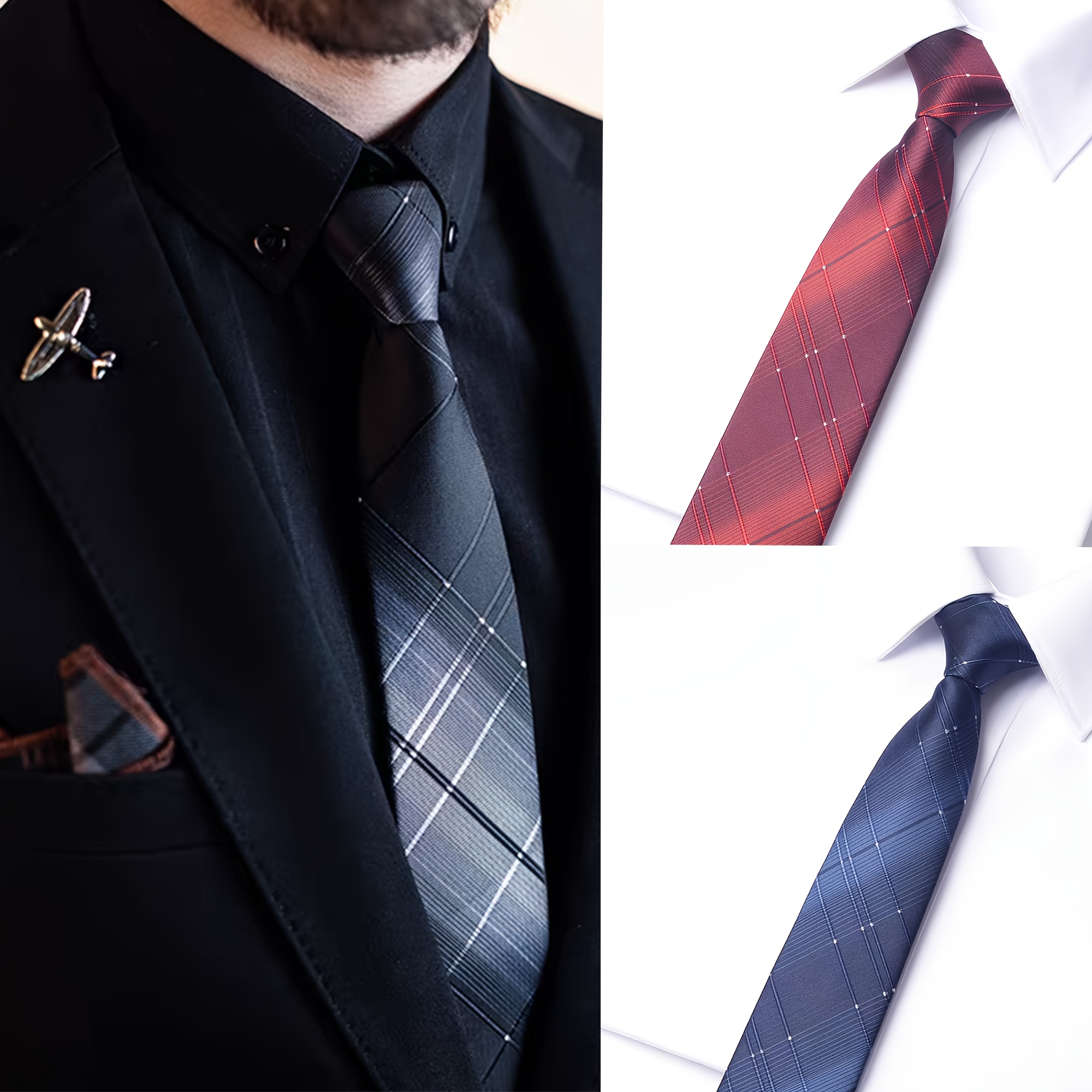 3 Peças de Gravata Masculina Xadrez Gradiente, 8cm Estilo Zíper Sem Nó 4