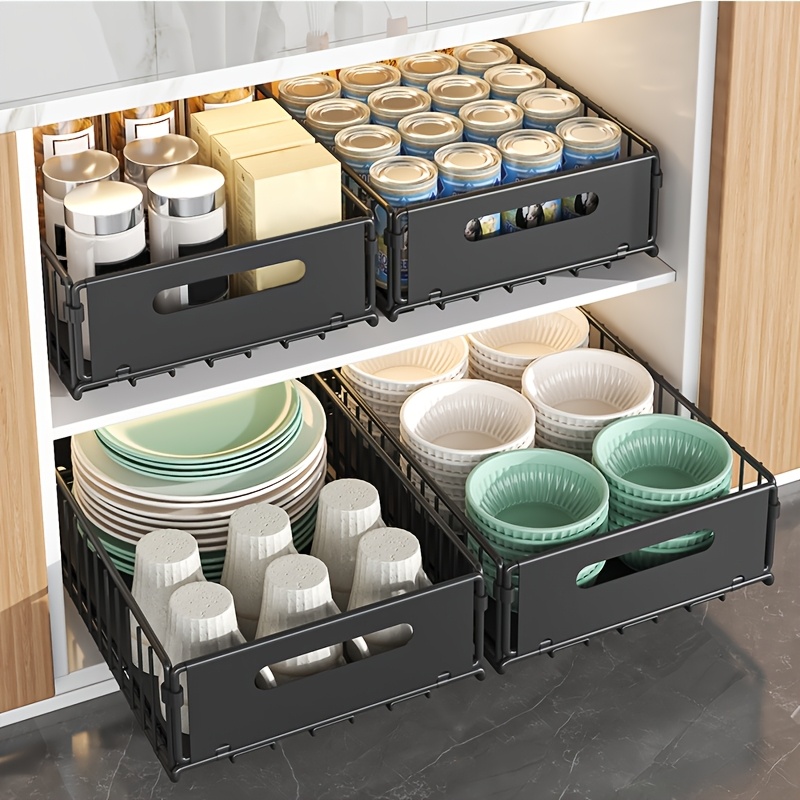 4pcs Slide-out Kitchen Storage Rack - Heavy Duty Carbon Steel Pull-out Drawer For Dishes, Pots & Lids, Space-efficient Cabinet Organizer, 37x24x18cm, Deep Cupboard Access