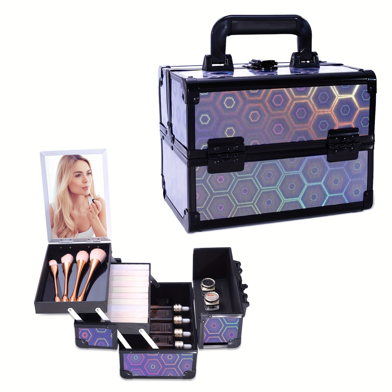 

Double Open Triple Layer Makeup Train Case Makeup Case Portable Makeup Case Organizer 2 Trays Of Makeup Storage With Mirror Beautician Aesthetic Supplies Nail Tech Travel Makeup Case With Mirror