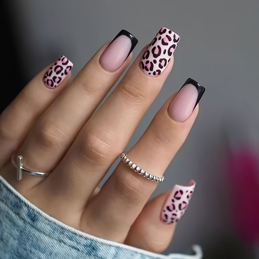Image of 24pcs Press-on Nails, Sweet And Cool Spicy Style, With Pink Leopard Print Border, Glossy Finish, Artificial Nails Suitable For Women And
