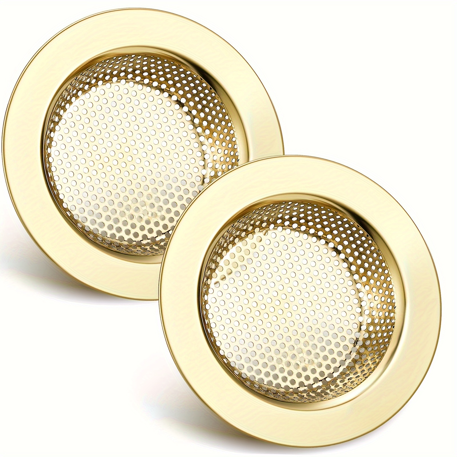 

2pcs Sink Strainer Stainless Steel Sink Drain Basket Cover Mesh Metal Food Kitchen Sink Accessories For Hair Garbage, Large Wide Rim Of 4.4 Diameter (gold, 2mm Dia Hole Style)