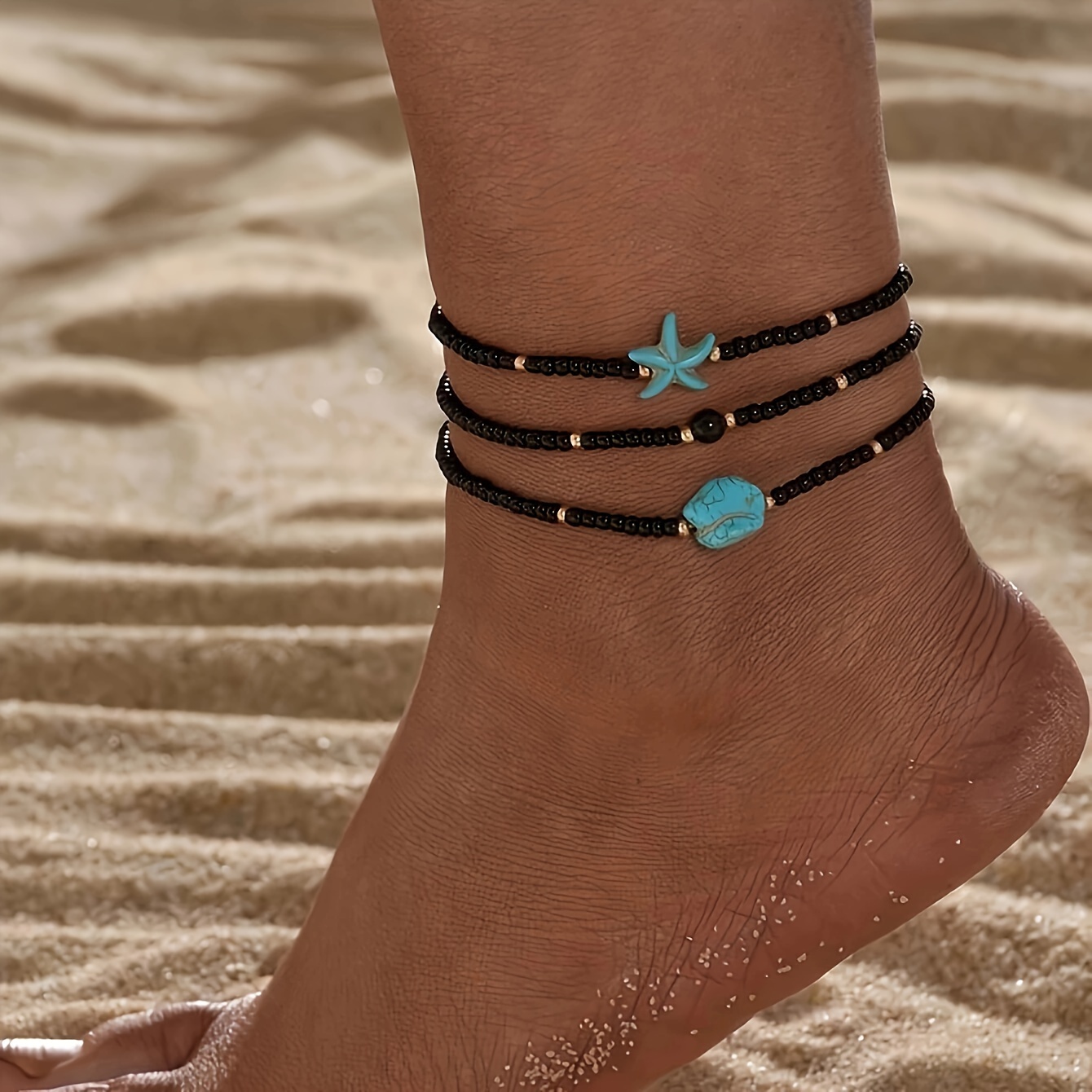 

3pc Set Bohemian Mixed Color Beaded Turquoise Starfish Anklets, Minimalist Beach Turtle Pendant, Vintage Fashionable Multi-layer Chain For Women, Ocean Style, Boho Beach Jewellery