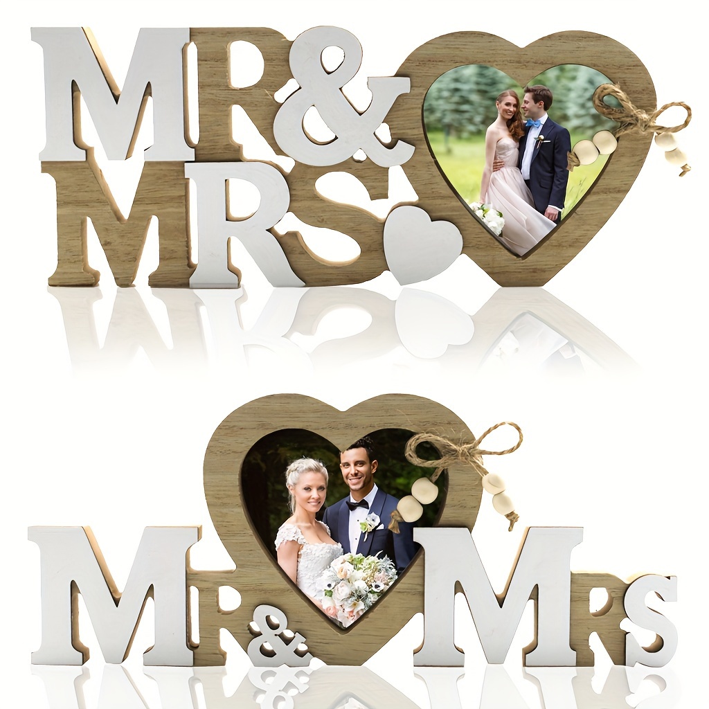 

Rustic Plywood Mr & Mrs Photo Frame, Heart-shaped Wedding Decor, Bridal Couple Gift, Wooden Letter Sign Desktop Display Stand For Anniversary Engagement Party Home Decoration