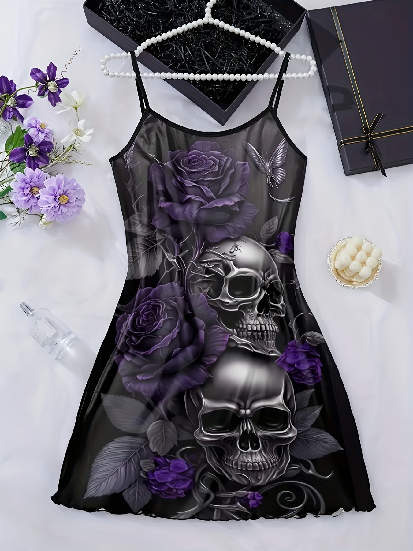 Women's Skull and Rose Print Gothic Frilly Dress, Small Size Design,  Halloween Theme, Valentine's Day Gift, the Best Holiday Gift, Pajamas with  Comfortable and Breathable Fabric, Home Clothes for * * ...