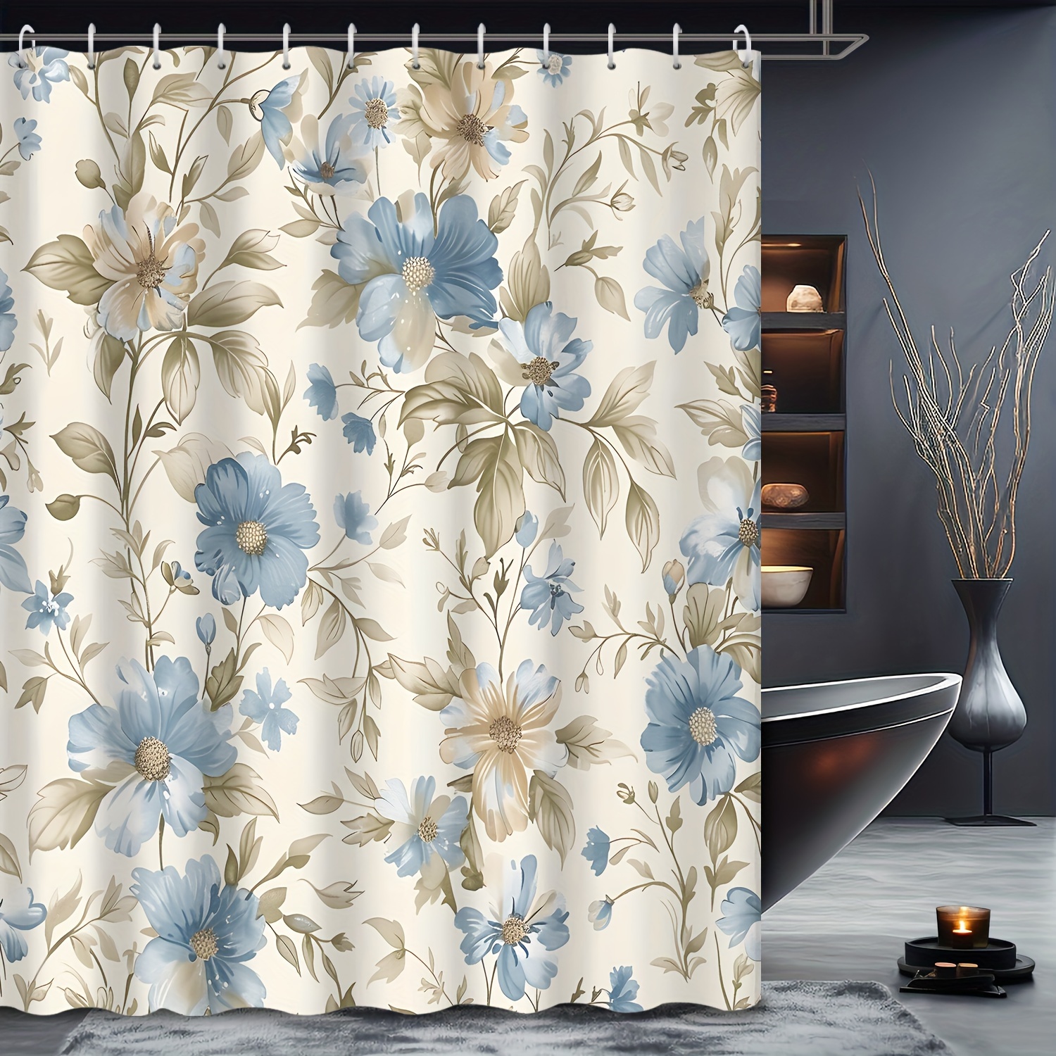 

Chic Blue Floral Shower Curtain With Hooks - Waterproof, Machine Washable Polyester Bathroom Decor