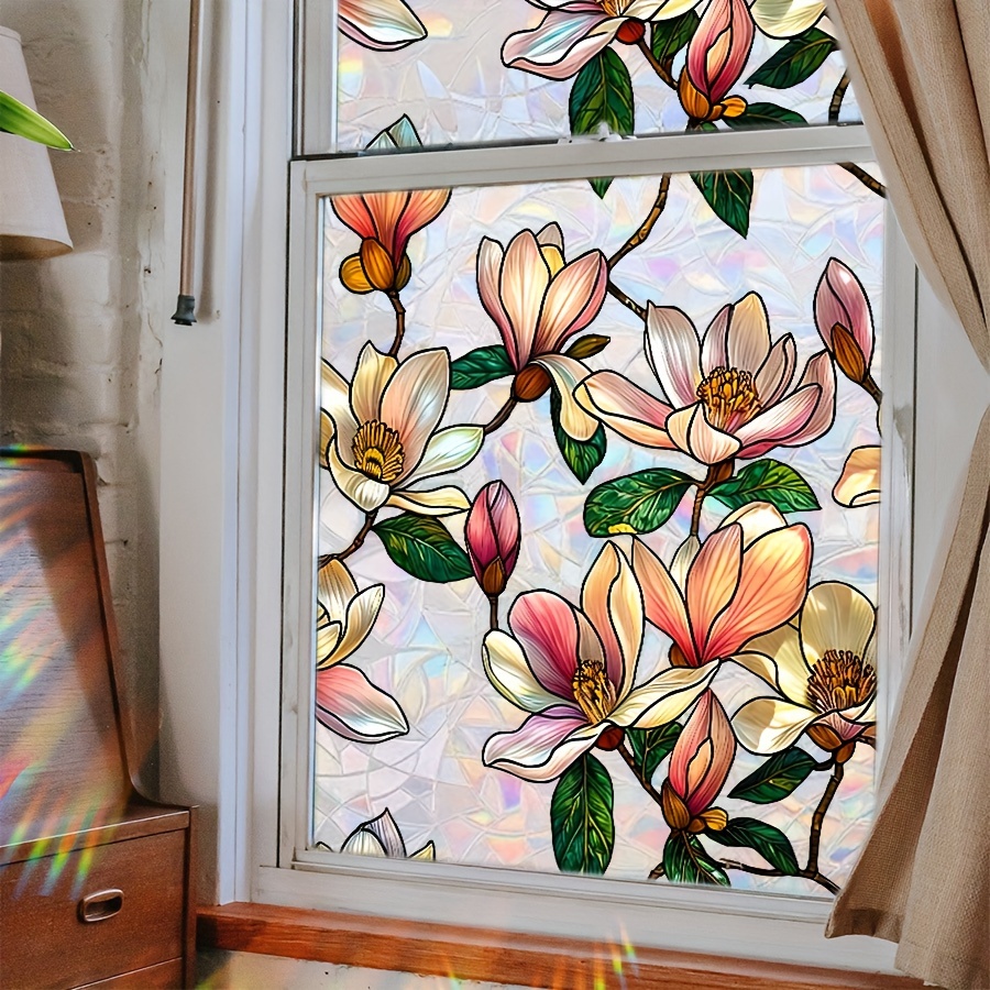Image of Contemporary Tulip Floral Privacy Window Film, Pvc Decorative Stained Glass Film, Static Cling Mount, Rainbow Light Filtering, Anti-peeping Adhesive-free Home Decor - 1mil Thickness, 1 Piece