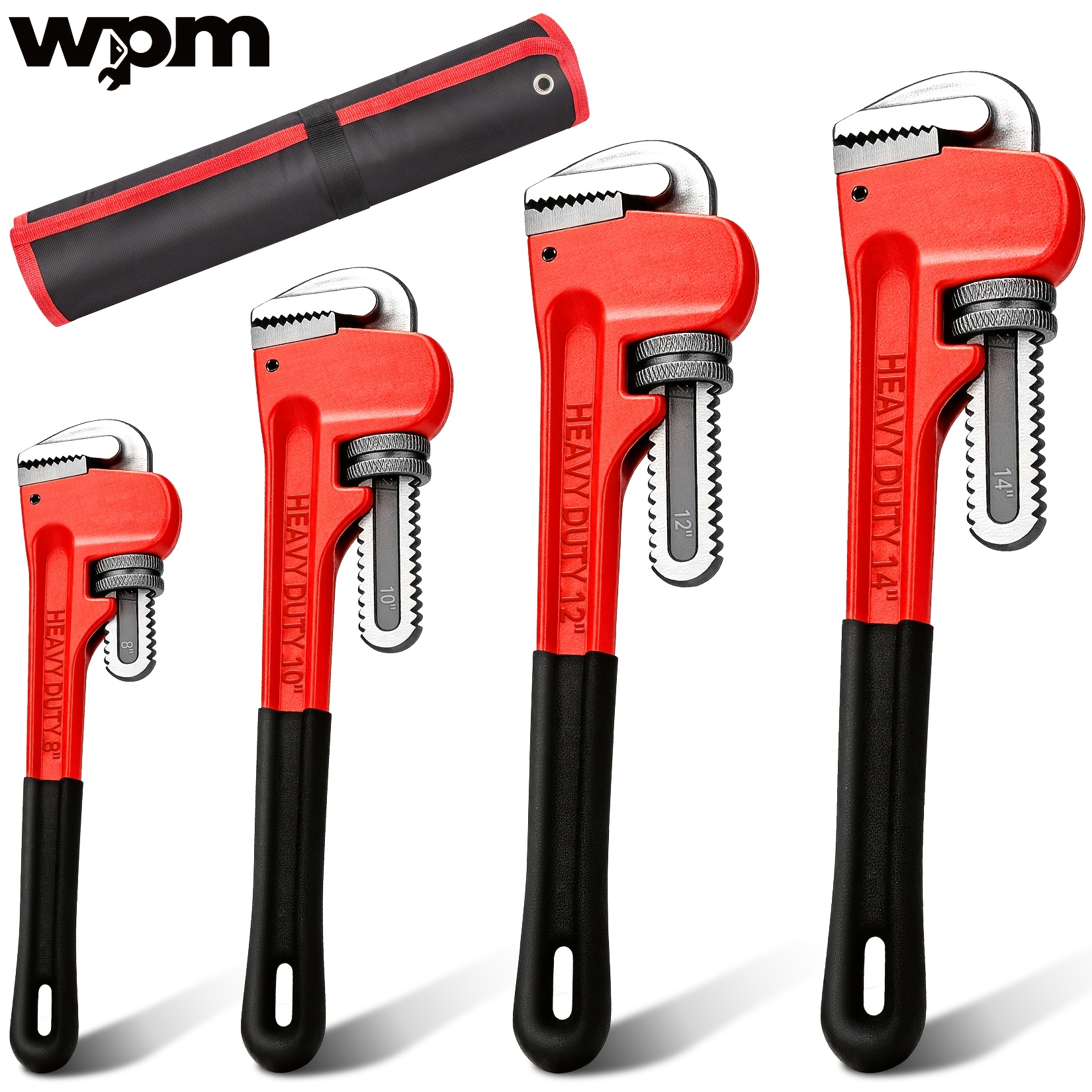 TEMU Wpm 4-pack Heavy Duty Pipe Wrench Set, Adjustable 8in 10in 12in 14in Plumbing Wrench Set With Storage Bag