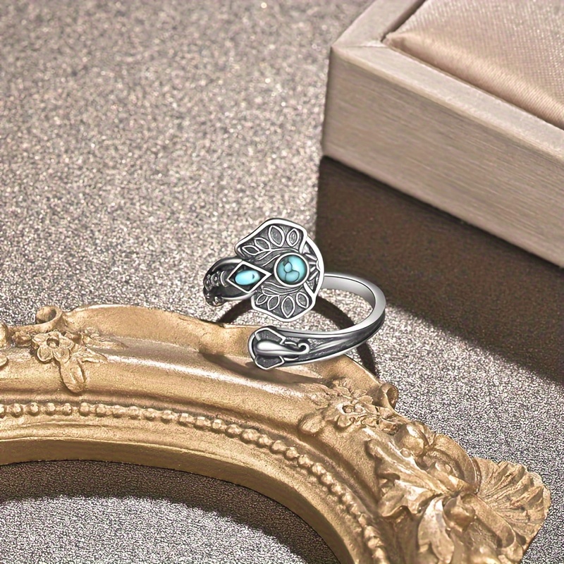 Adjustable Elephant Shape S925 Silver Ring with Turquoise