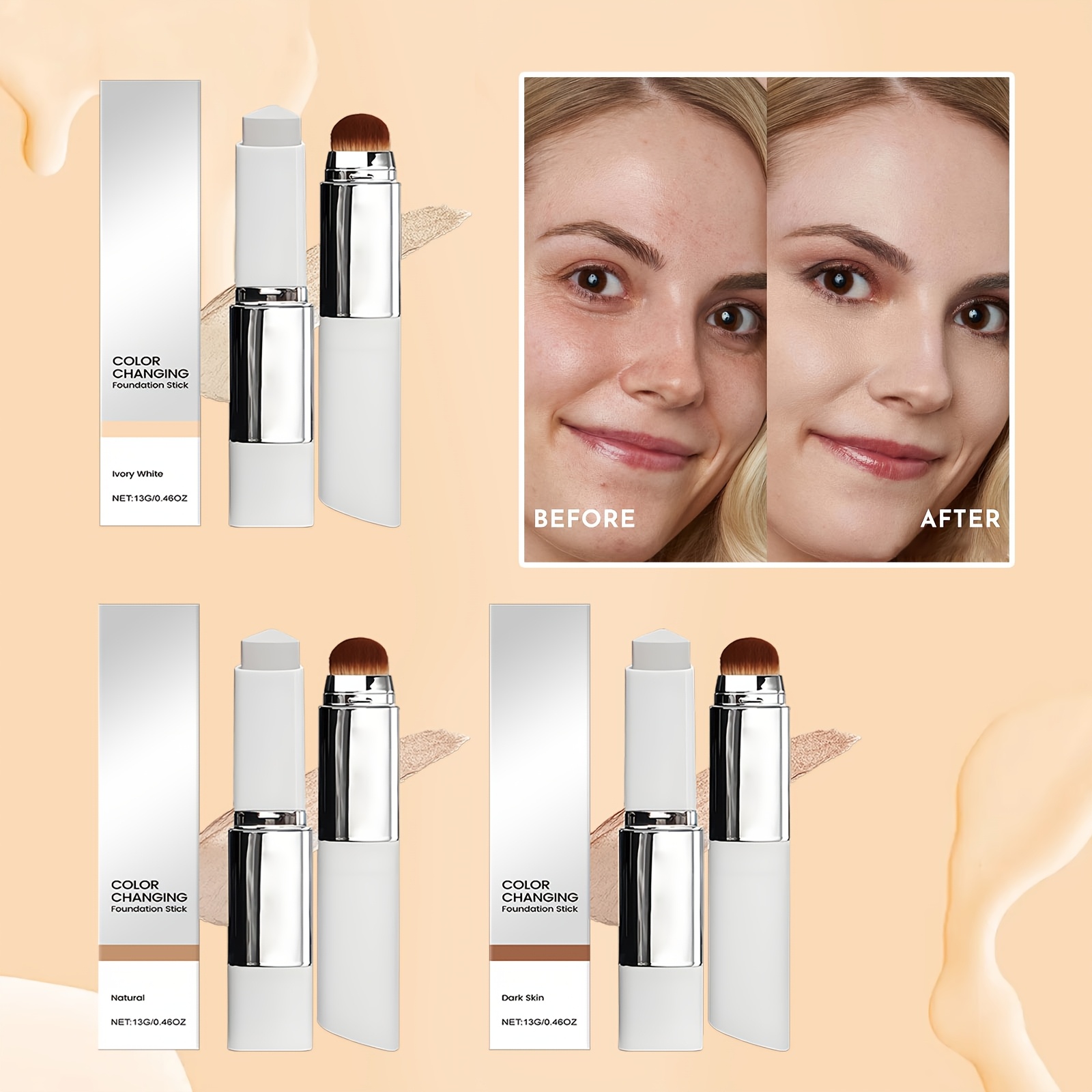 2 in 1 color changing foundation stick spring summer essential gift for girlfriend mother friend lightweight multi functional foundation stick with brush multi color       Product details 3