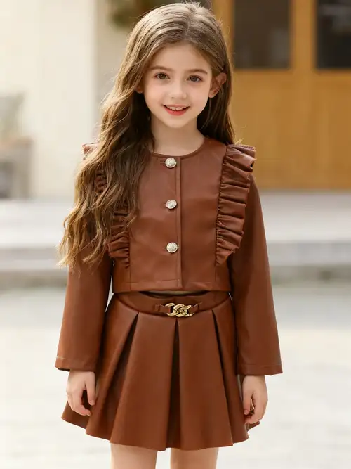 Girl's Brown Round Neck Ruffle Lace PU Jacket + Pleated PU Skirt Set, for Spring, Autumn, and Winter, Vintage Fashion Girl's Brown Round Neck Ruffle Lace PU Jacket + Pleated PU Skirt Set, for Spring, Autumn, and Winter, Vintage Fashion