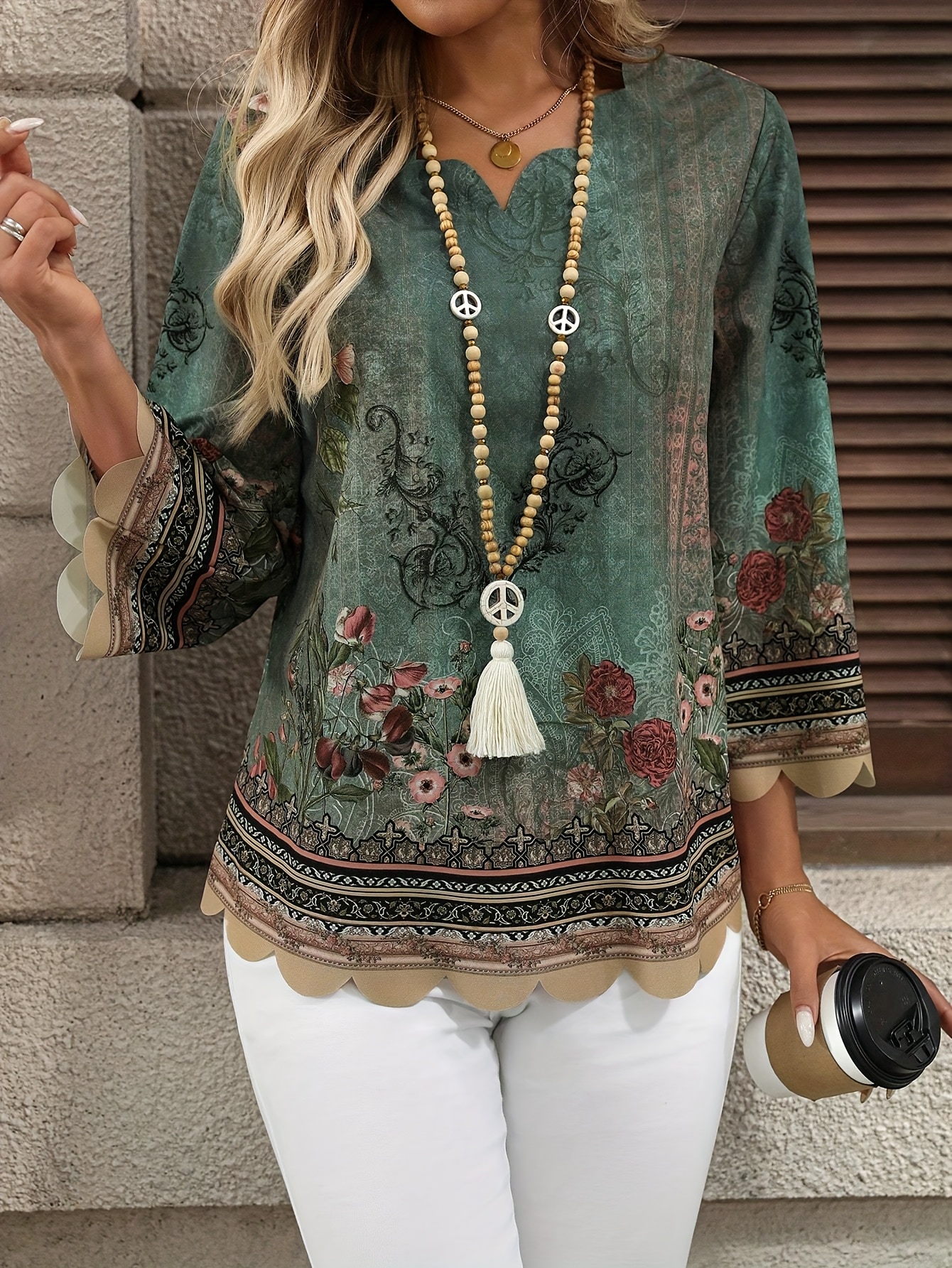 Wave Print V-Neck T-Shirt, Fashionable Loose Comfortable Versatile Women's T-Shirt