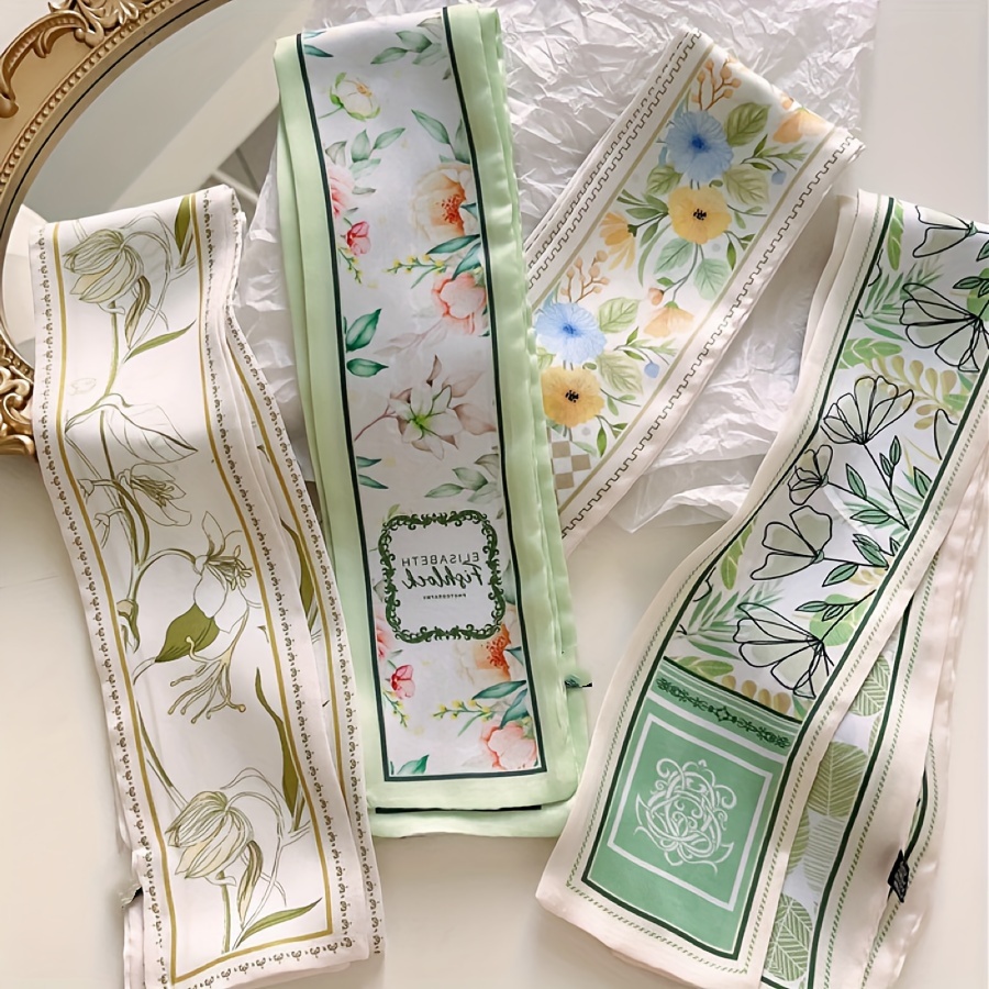 Temu – TEMU 4 Green Floral Thin Narrow Long Scarves, Small Scarves For Tying Bags, Tying Hair, Decorative , Multi-functional Ribbons
