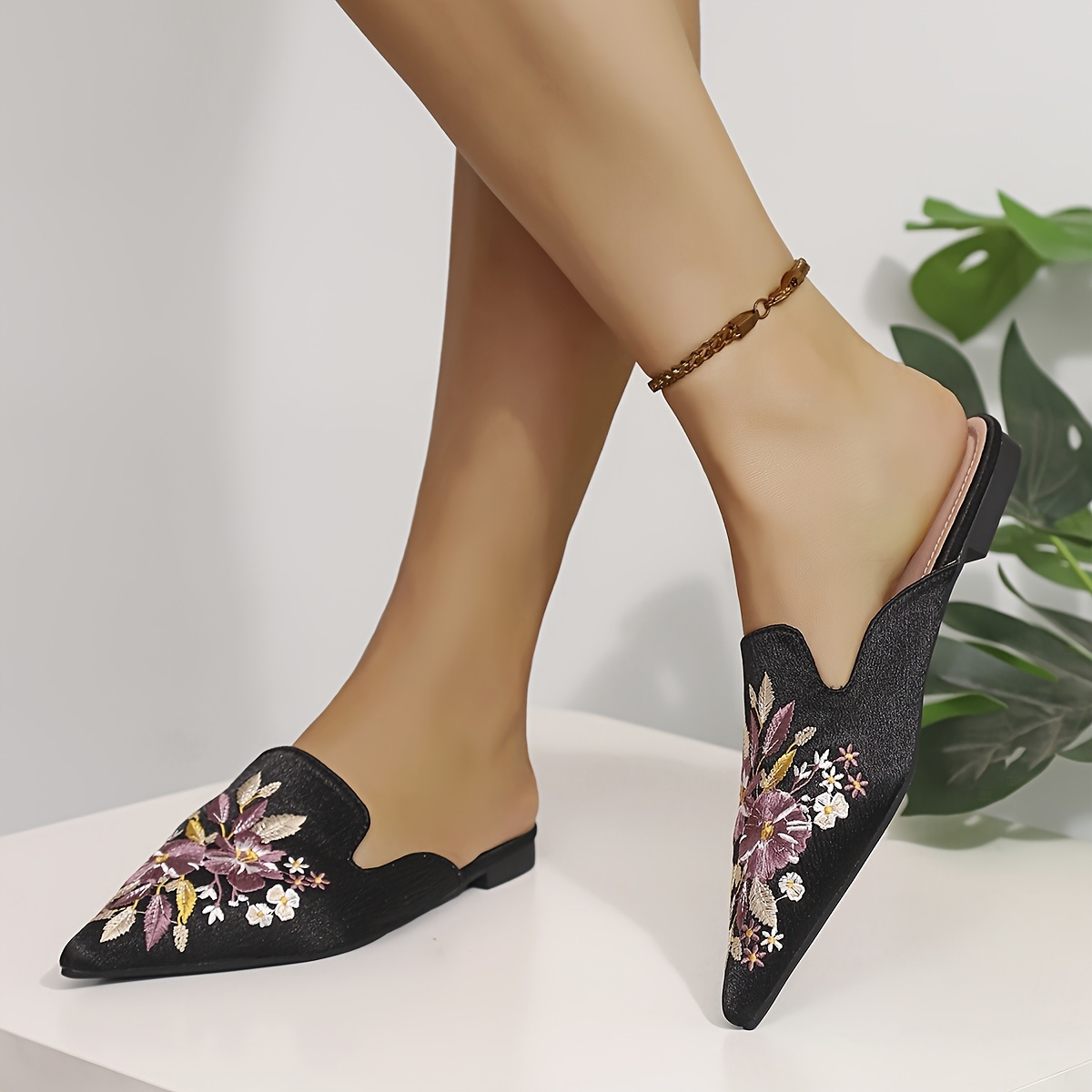 womens vintage chinese embroidered mules floral slip pointed