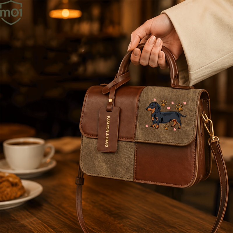 TEMU 1pc Women's Handbag Cute Dachshund Dog Pattern Print Featuring A Vintage Square Shape Color- Magnetic Closure And Adjustable Shoulder Strap