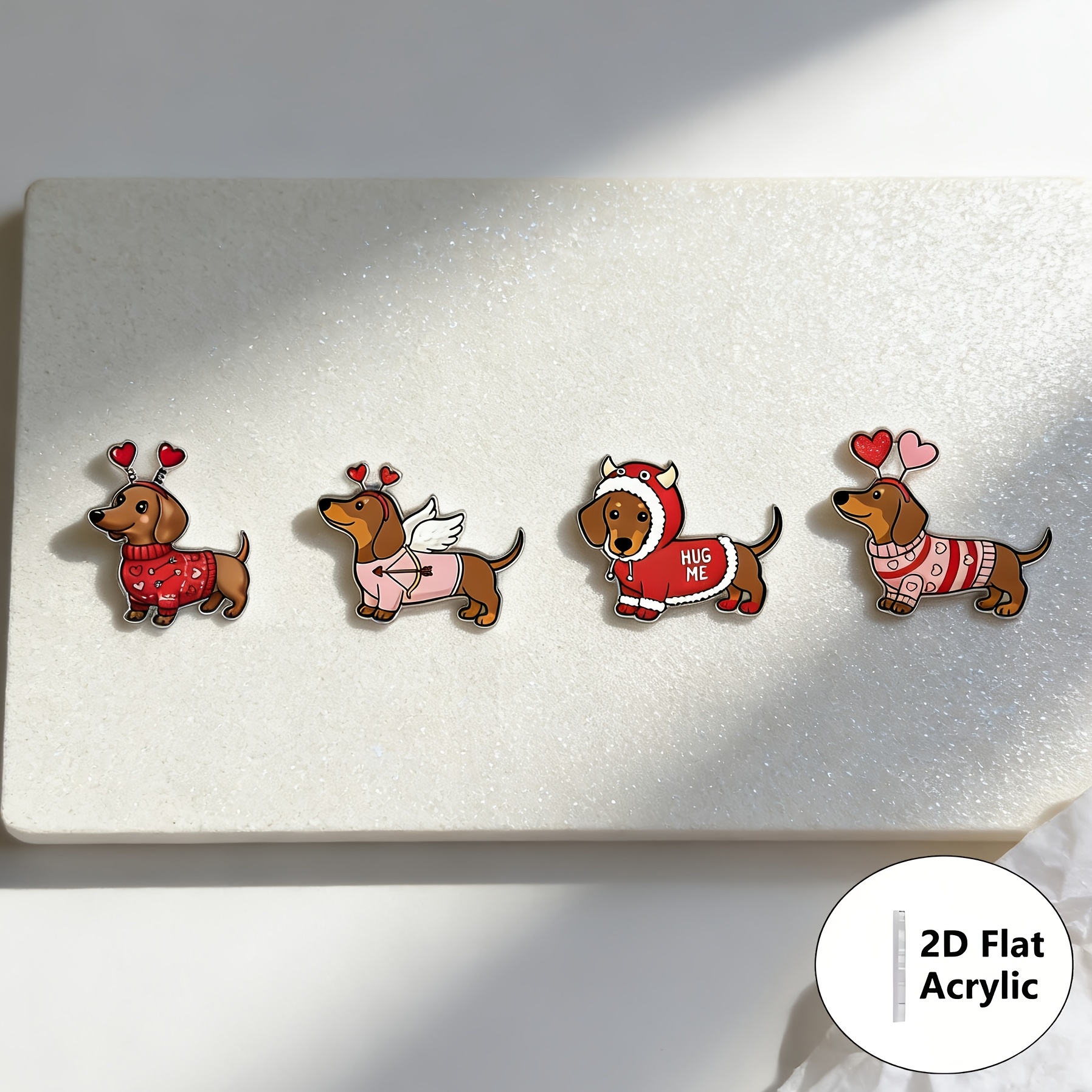 E-shop 2D Flach, 4er-Set Niedliche Dackel-Broschen - DIY Süße Hunde-Acryl-Anstecker für Kleidung, Rucksäcke, Hüte - Valentinstagsgeschenke für