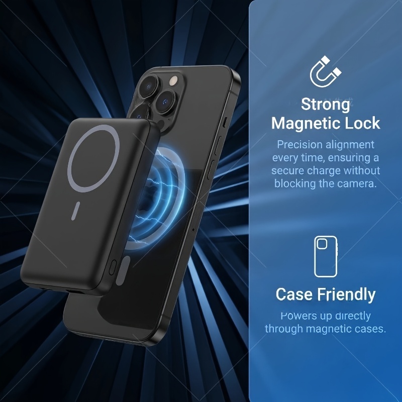 TEMU Batterie externe à chargement fil magnétique, pour les accessoires de téléphone portable ! Bloc-piles intégré de 5000mAh, prend en charge la