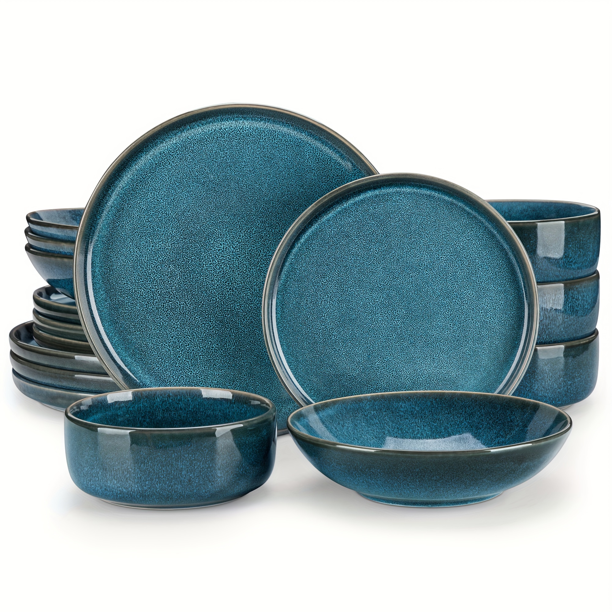 E-shop 16-teiliges Dinner Set Blaues Steinzeug Doppelseitig Reaktive Design Teller Schüssel Set Geschirr mit Teller, Dessertteller, Suppenschale und