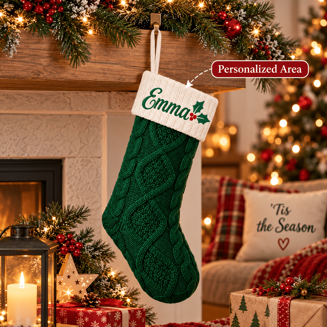 TEMU 1pc Pattern Engravable Name Christmas Stocking, Retro Cable Knit Christmas Sock, Christmas Party Fireplace Hanging Ornament Gift Bag